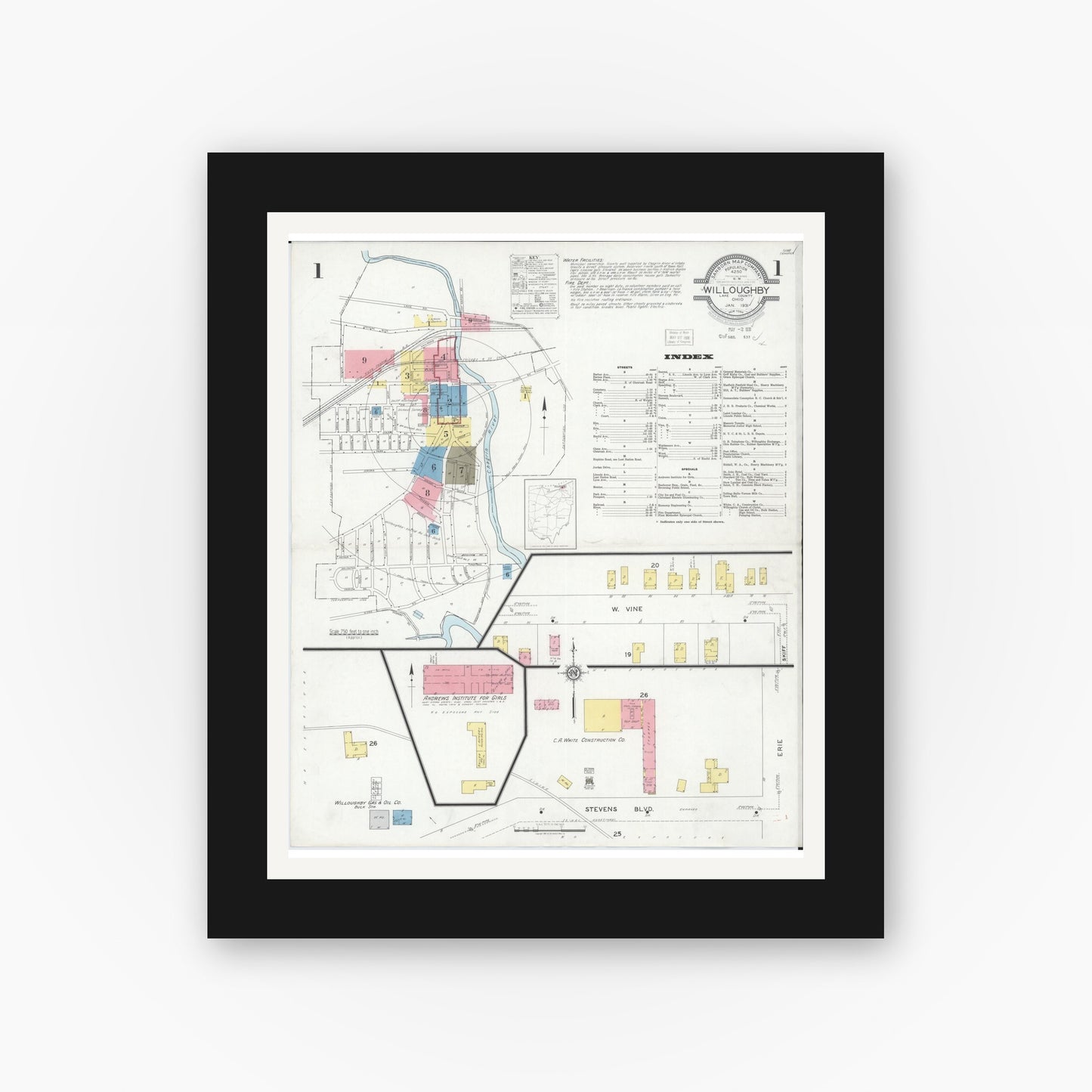 Old map wall art mockup — black gallery frame with white mat — Sanborn Fire Insurance Map from Willoughby, Lake County, Ohio (1931), Sheet #0001