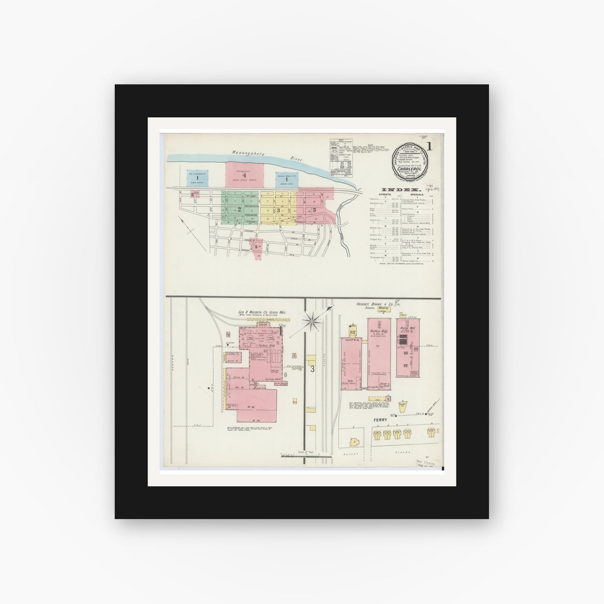 Old map wall art mockup — black gallery frame with white mat — Sanborn Fire Insurance Map from Charleroi, Washington County, Pennsylvania (1897) - Complete Map Set