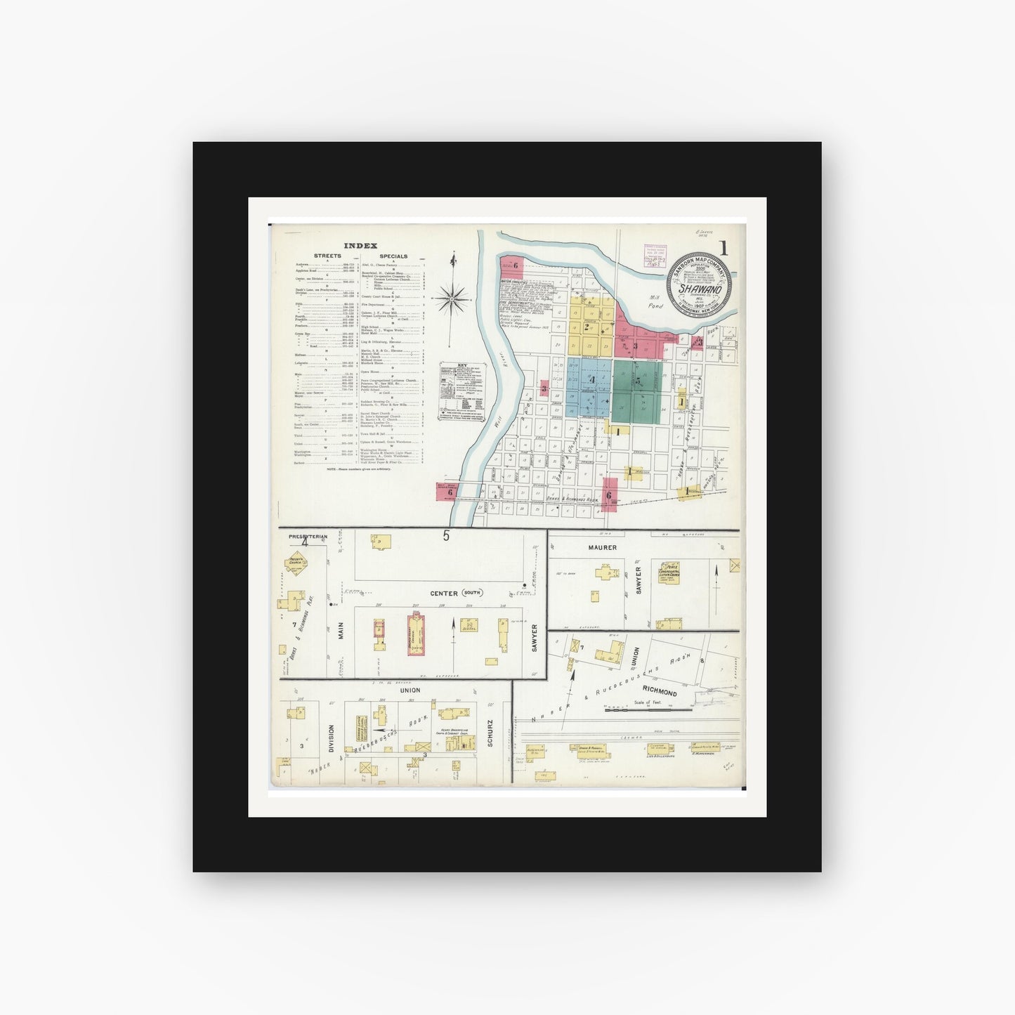 Old map wall art mockup — black gallery frame with white mat — Sanborn Fire Insurance Map from Shawano, Shawano County, Wisconsin (1907), Sheet #0001