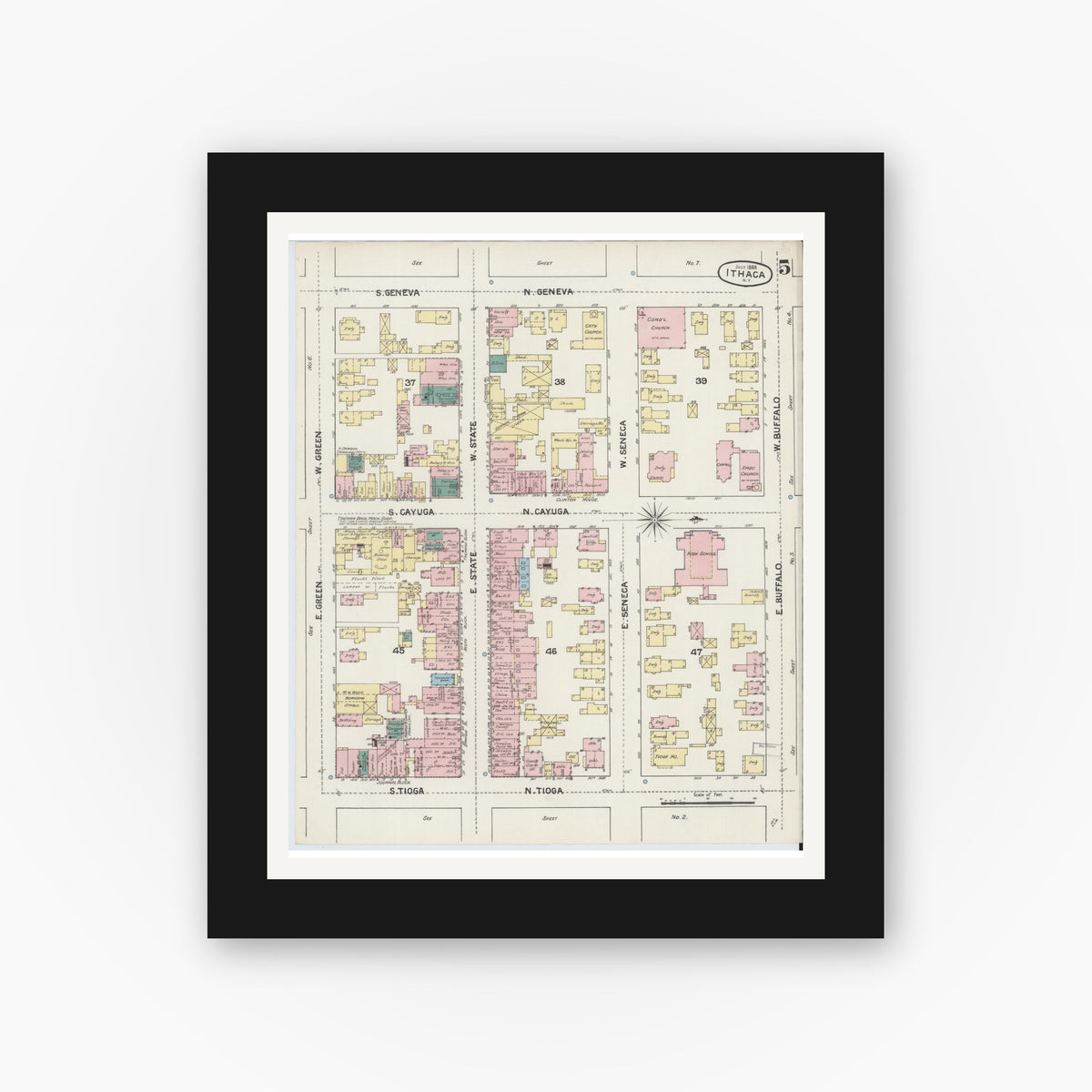 Old map wall art mockup — black gallery frame with white mat — Sanborn Fire Insurance Map from Ithaca, Tompkins County, New York (1888), Sheet #0005