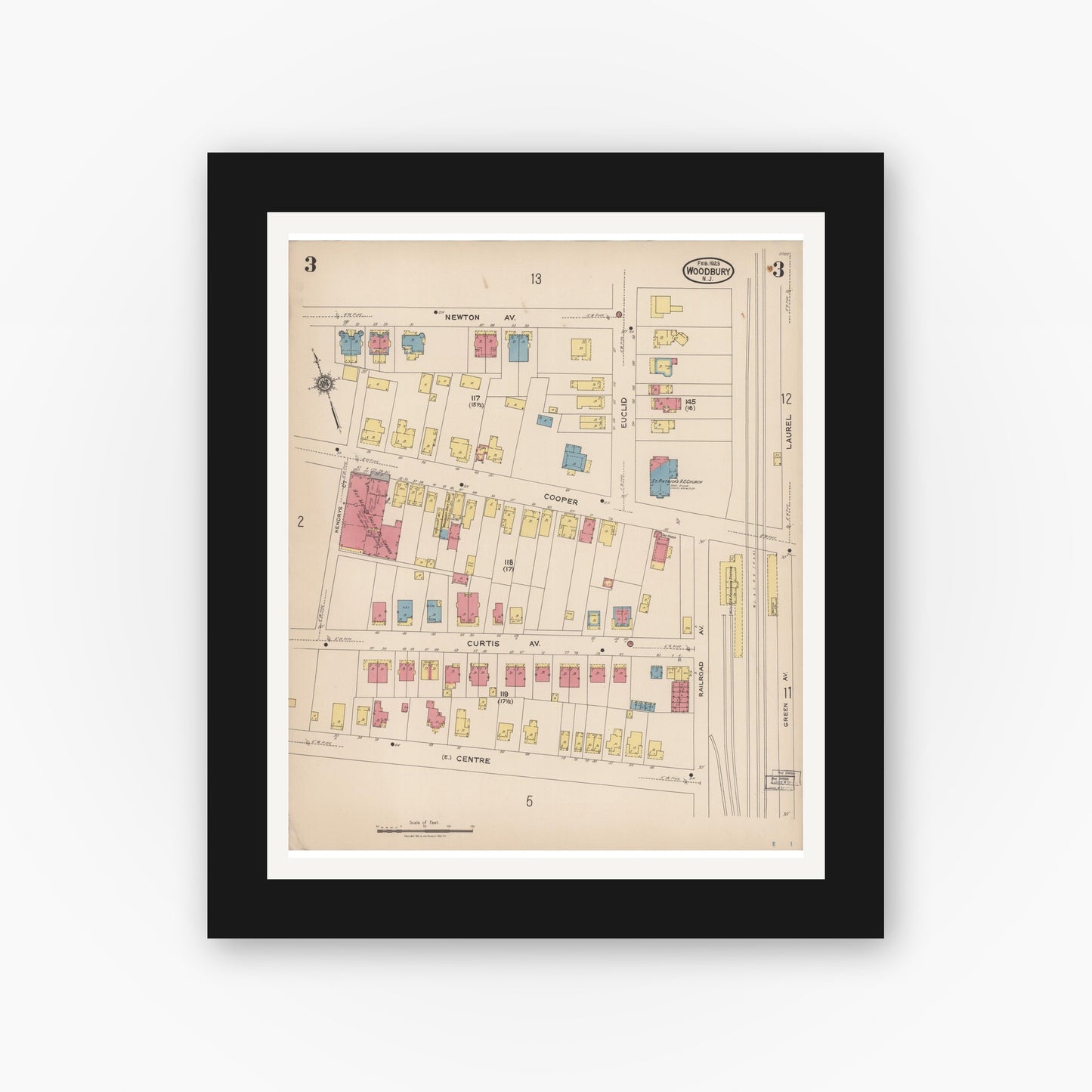 Old map wall art mockup — black gallery frame with white mat — Sanborn Fire Insurance Map from Woodbury, Gloucester County, New Jersey (1923), Sheet #0003