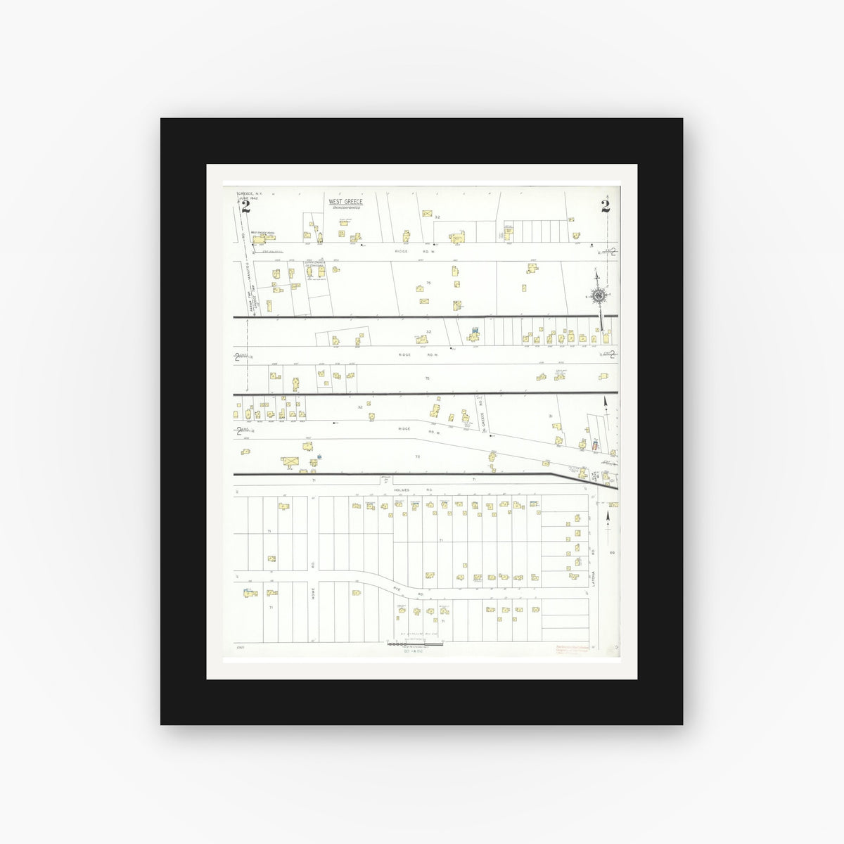 Old map wall art mockup — black gallery frame with white mat — Sanborn Fire Insurance Map from Greece, Monroe County, New York (1942), Sheet #0002