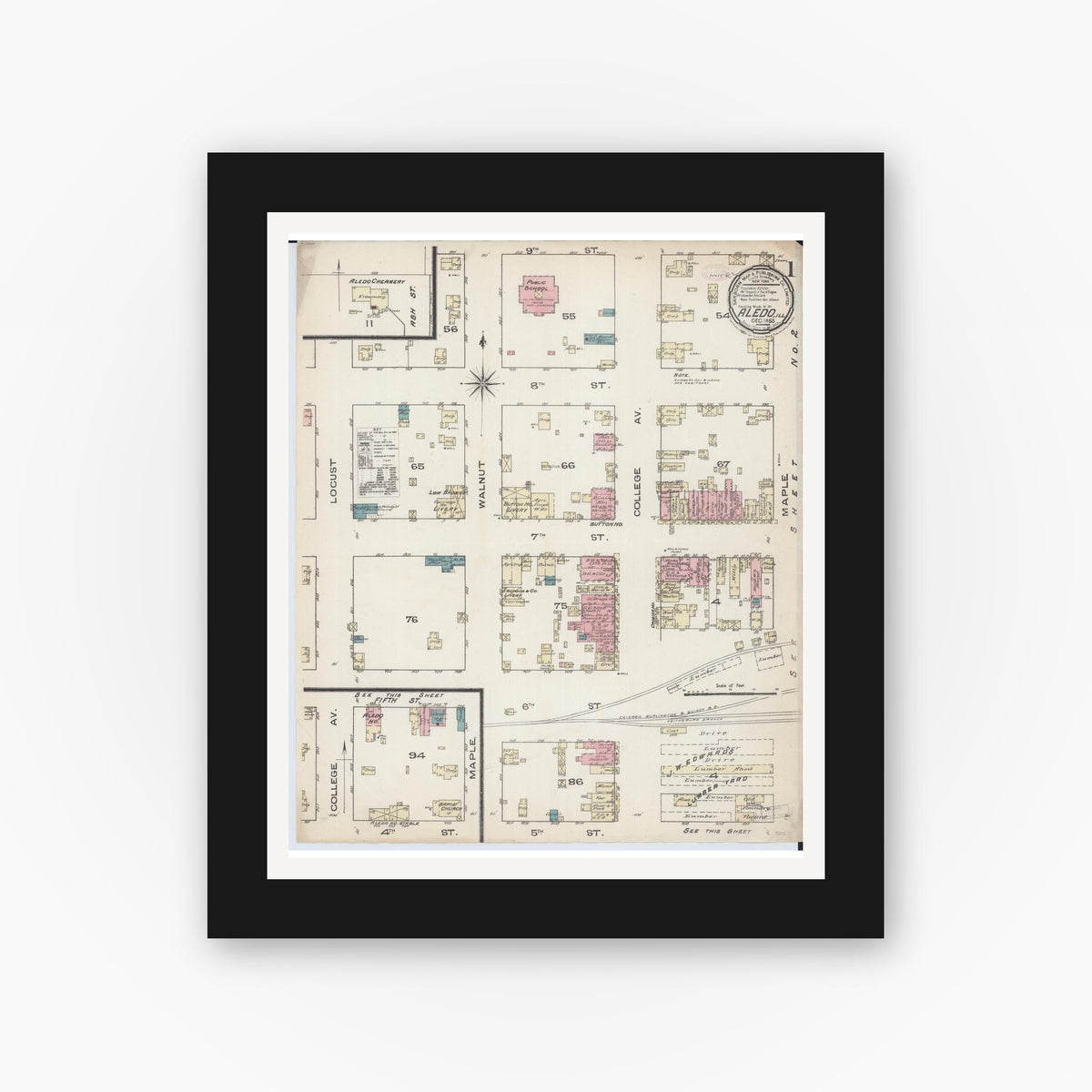 Old map wall art mockup — black gallery frame with white mat — Sanborn Fire Insurance Map from Aledo, Mercer County, Illinois (1885) - Complete Map Set