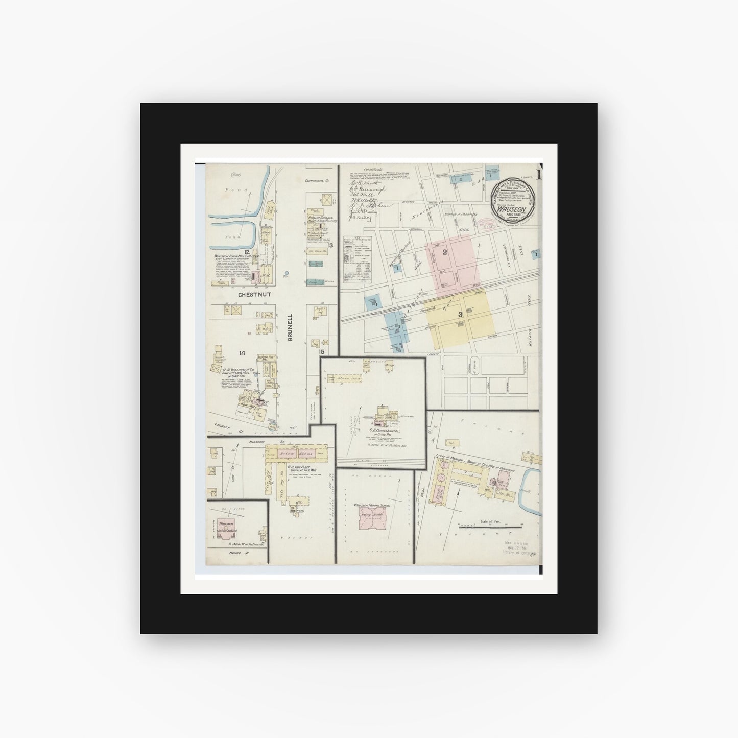 Old map wall art mockup — black gallery frame with white mat — Sanborn Fire Insurance Map from Wauseon, Fulton County, Ohio (1888), Sheet #0001