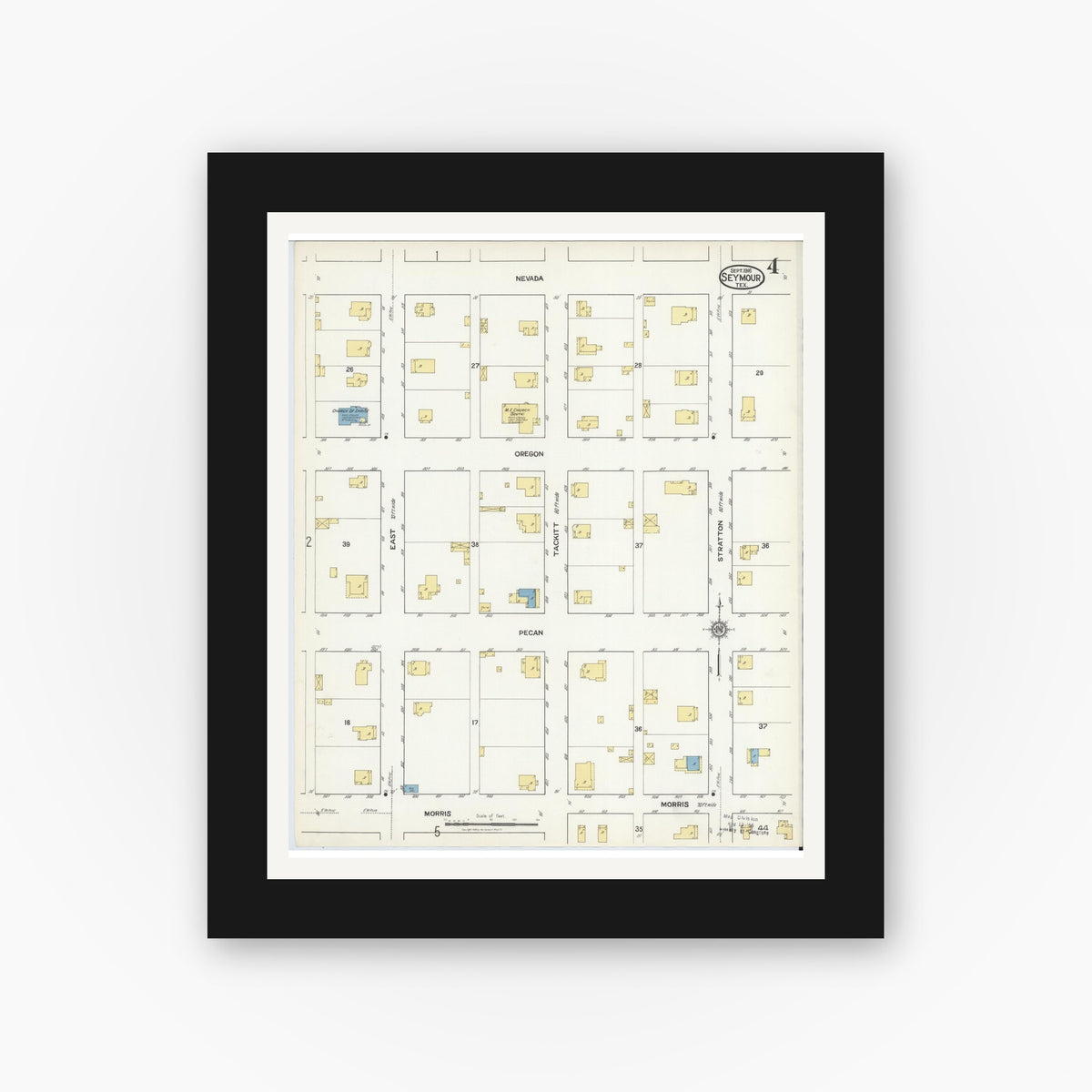Old map wall art mockup — black gallery frame with white mat — Sanborn Fire Insurance Map from Seymour, Baylor County, Texas (1916), Sheet #0004