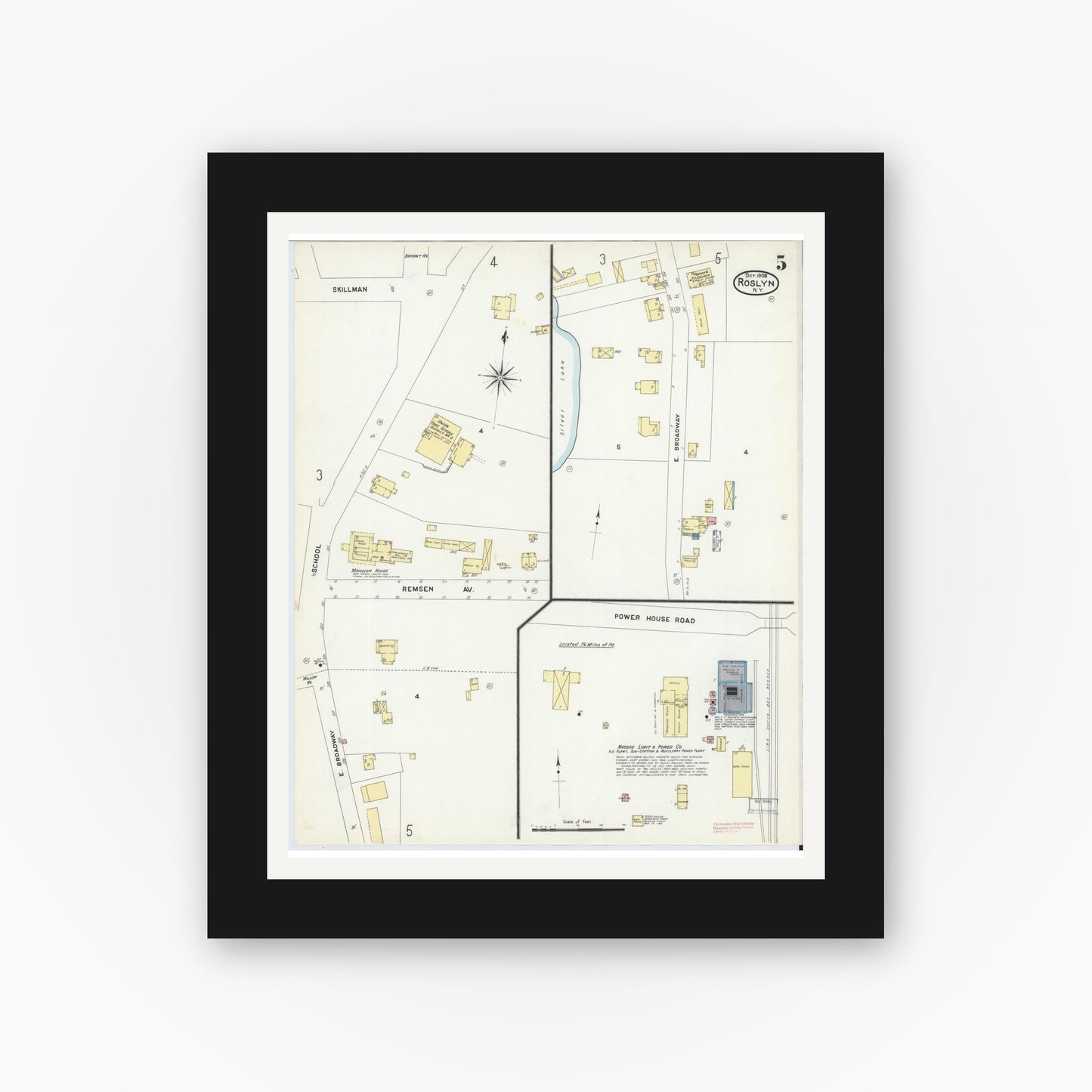 Old map wall art mockup — black gallery frame with white mat — Sanborn Fire Insurance Map from Roslyn, Nassau County, New York (1908), Sheet #0005