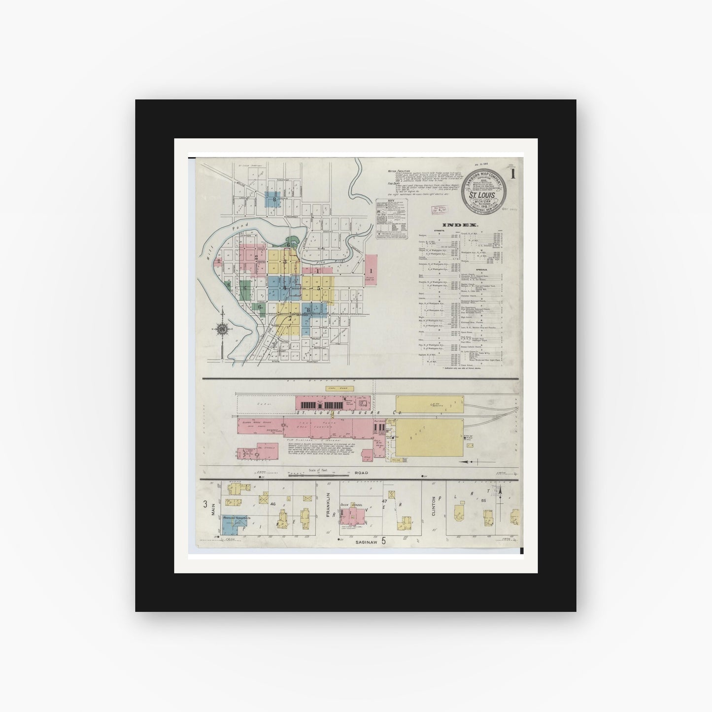 Old map wall art mockup — black gallery frame with white mat — Sanborn Fire Insurance Map from Saint Louis, Gratiot County, Michigan (1910) - Complete Map Set