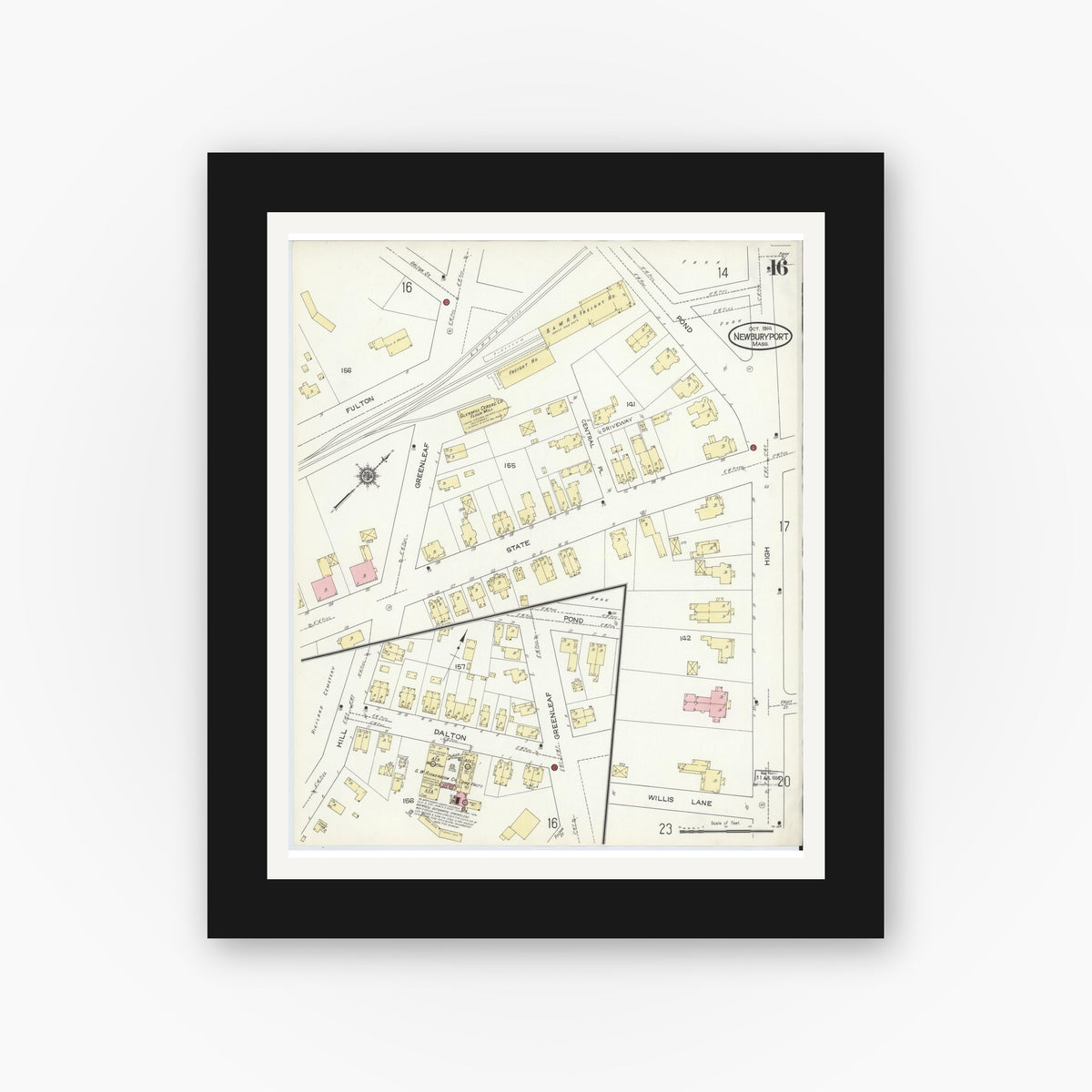 Old map wall art mockup — black gallery frame with white mat — Sanborn Fire Insurance Map from Newburyport, Essex County, Massachusetts (1914), Sheet #0016