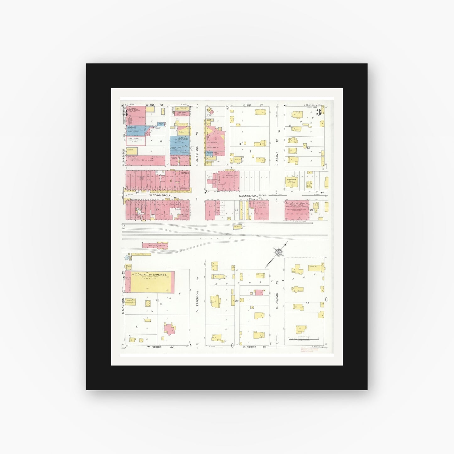 Old map wall art mockup — black gallery frame with white mat — Sanborn Fire Insurance Map from Lebanon, Laclede County, Missouri (1932), Sheet #0003