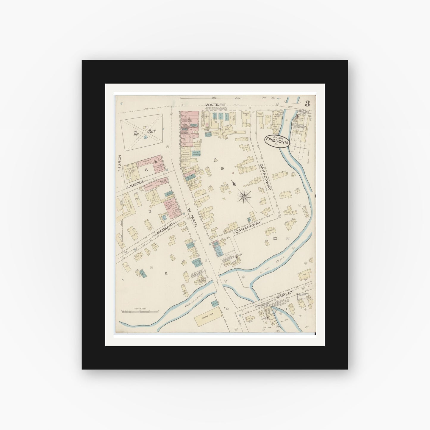Old map wall art mockup — black gallery frame with white mat — Sanborn Fire Insurance Map from Fredonia, Chautauqua County, New York (1886), Sheet #0003