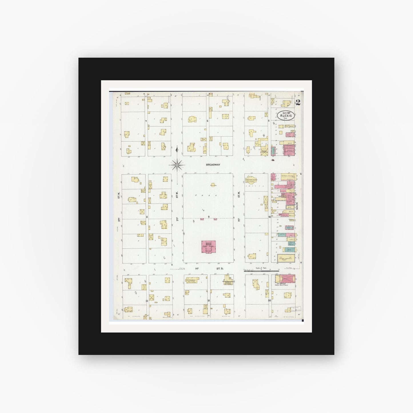 Old map wall art mockup — black gallery frame with white mat — Sanborn Fire Insurance Map from Alexis, Warren County, Illinois (1907), Sheet #0002