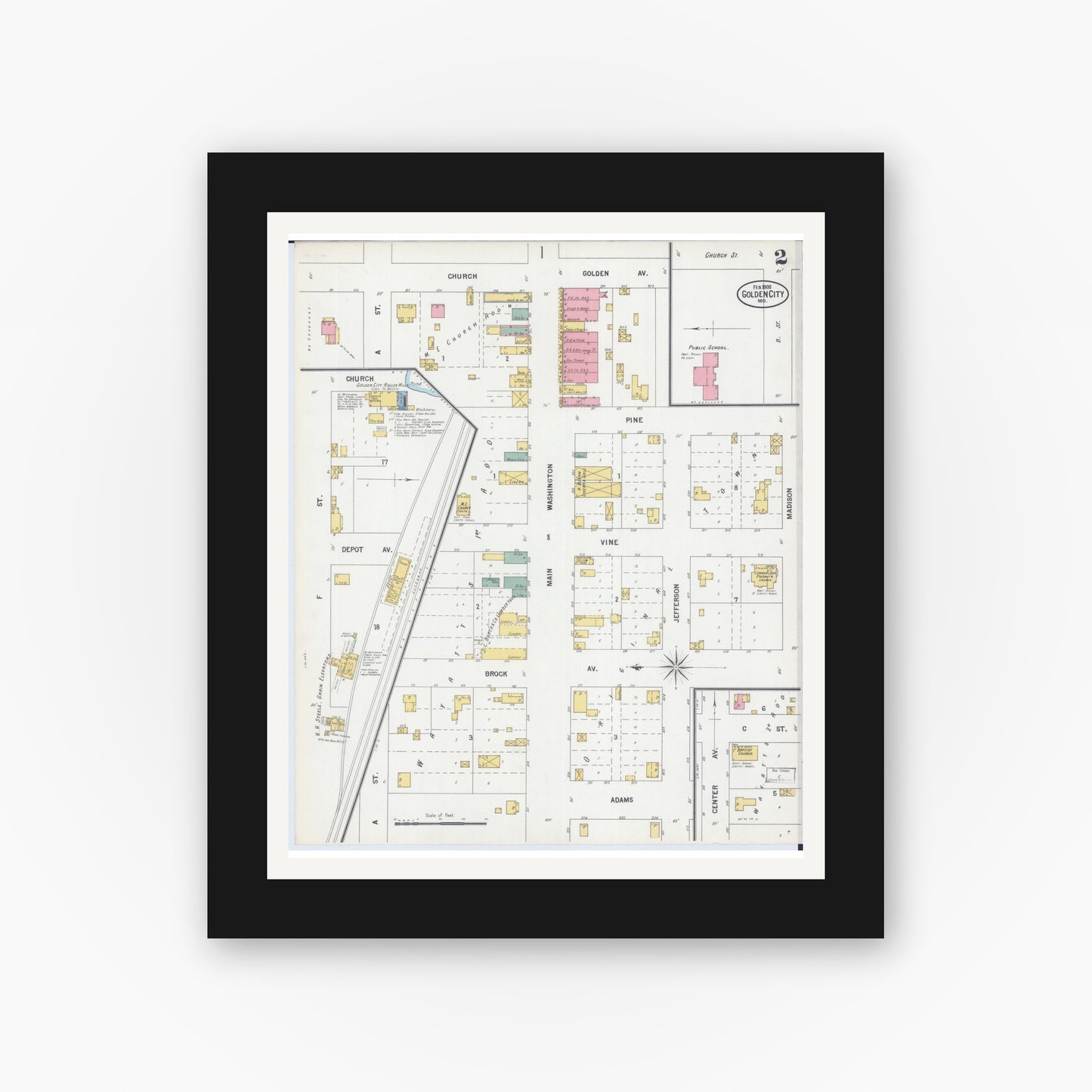 Old map wall art mockup — black gallery frame with white mat — Sanborn Fire Insurance Map from Golden City, Barton County, Missouri (1900), Sheet #0002