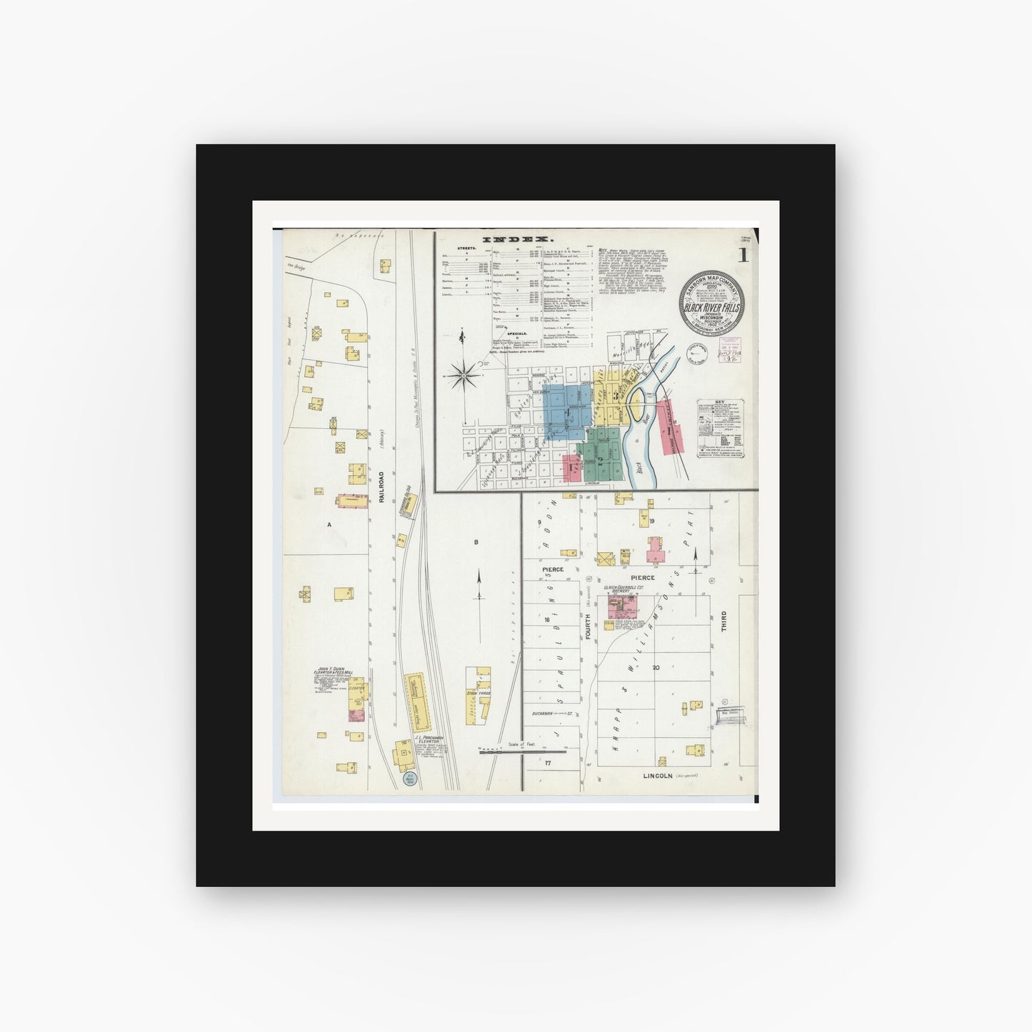 Old map wall art mockup — black gallery frame with white mat — Sanborn Fire Insurance Map from Black River Falls, Jackson County, Wisconsin (1902) - Complete Map Set