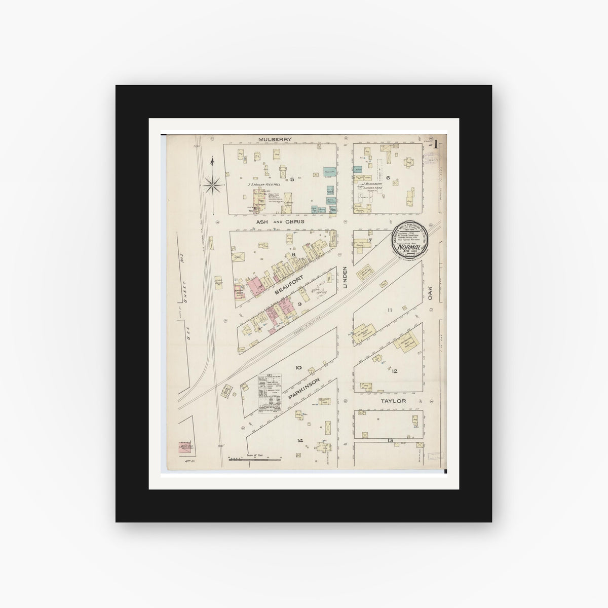 Old map wall art mockup — black gallery frame with white mat — Sanborn Fire Insurance Map from Normal, McLean County, Illinois (1885), Sheet #0001