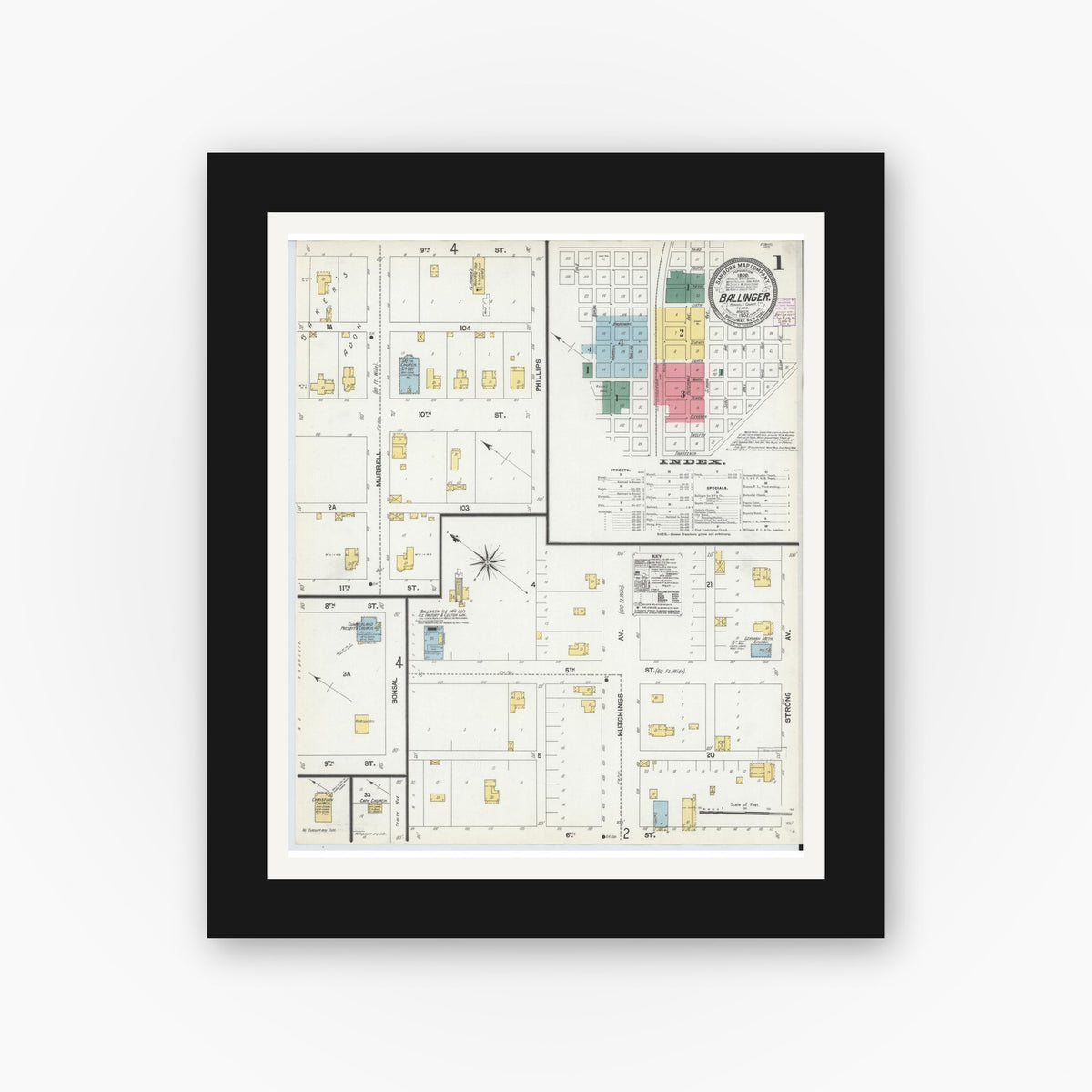 Old map wall art mockup — black gallery frame with white mat — Sanborn Fire Insurance Map from Ballinger, Runnels County, Texas (1902) - Complete Map Set