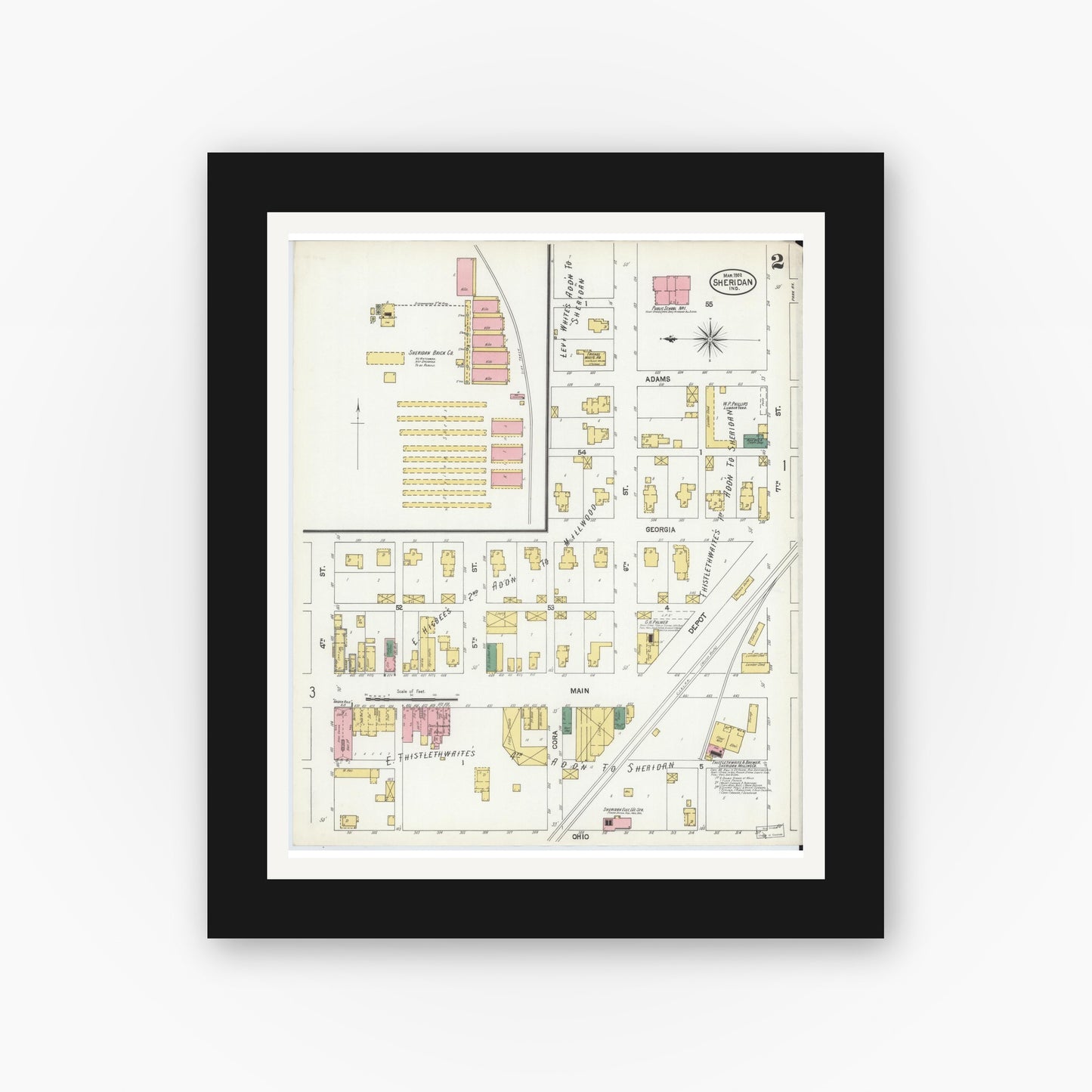 Old map wall art mockup — black gallery frame with white mat — Sanborn Fire Insurance Map from Sheridan, Hamilton County, Indiana (1902), Sheet #0002