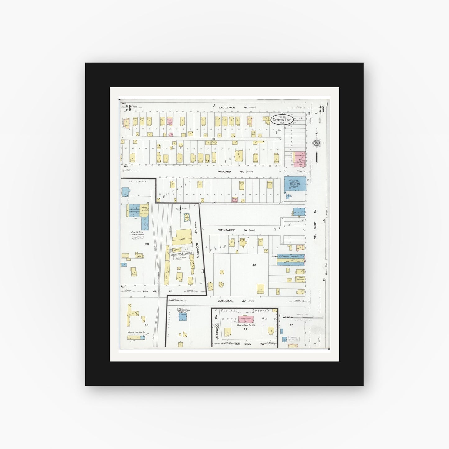 Old map wall art mockup — black gallery frame with white mat — Sanborn Fire Insurance Map from Center Line, Macomb County, Michigan (1927), Sheet #0003