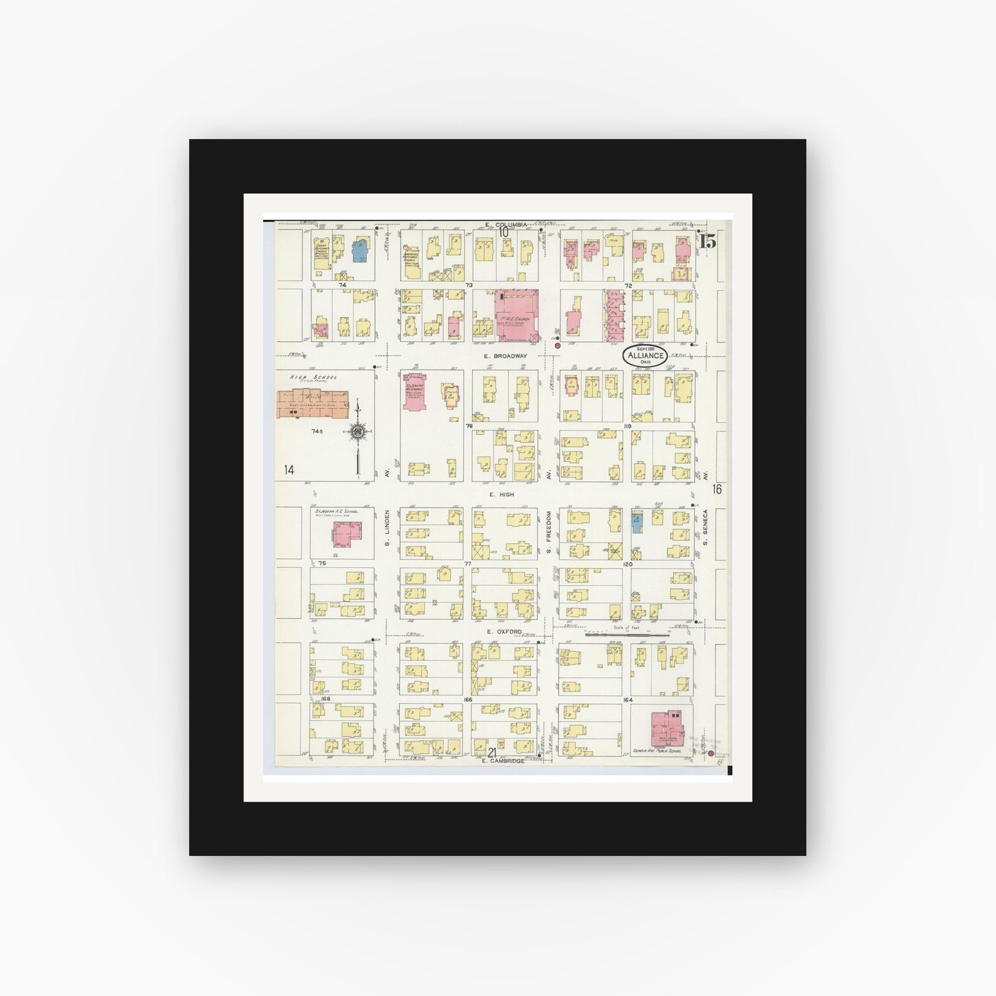 Old map wall art mockup — black gallery frame with white mat — Sanborn Fire Insurance Map from Alliance, Stark County, Ohio (1911), Sheet #0015
