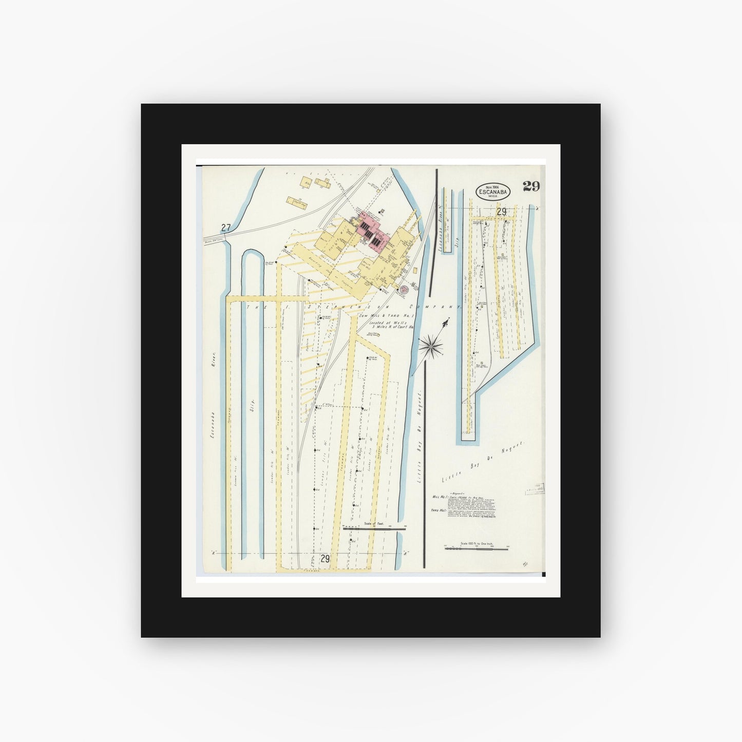 Old map wall art mockup — black gallery frame with white mat — Sanborn Fire Insurance Map from Escanaba, Delta County, Michigan (1906), Sheet #0029
