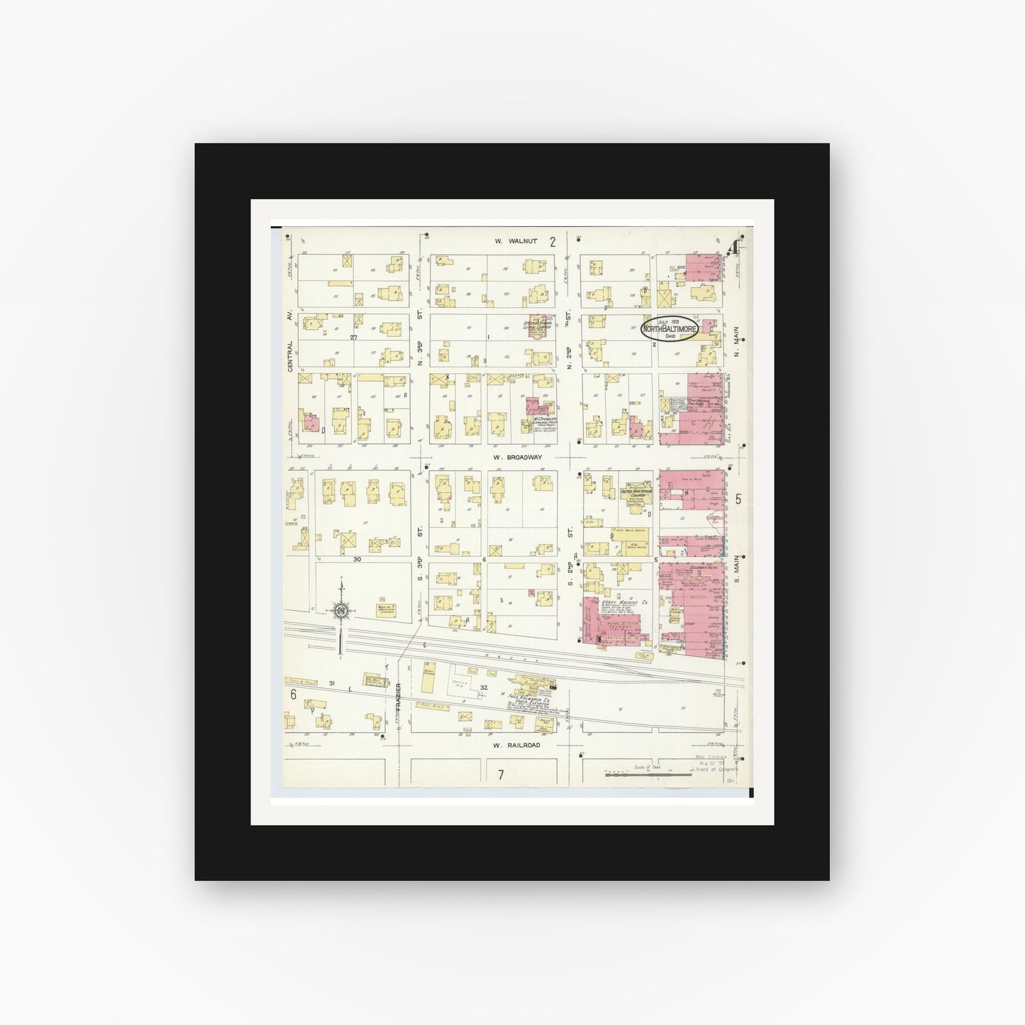 Old map wall art mockup — black gallery frame with white mat — Sanborn Fire Insurance Map from North Baltimore, Wood County, Ohio (1913), Sheet #0004