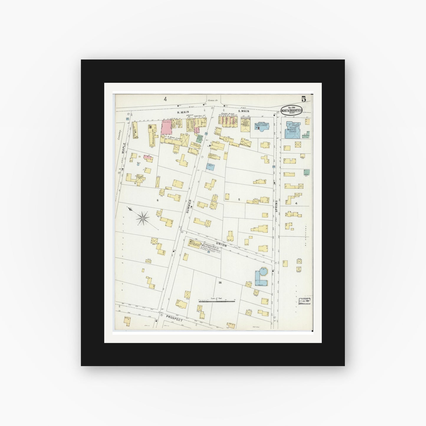Old map wall art mockup — black gallery frame with white mat — Sanborn Fire Insurance Map from North Brookfield, Worcester County, Massachusetts (1896), Sheet #0005