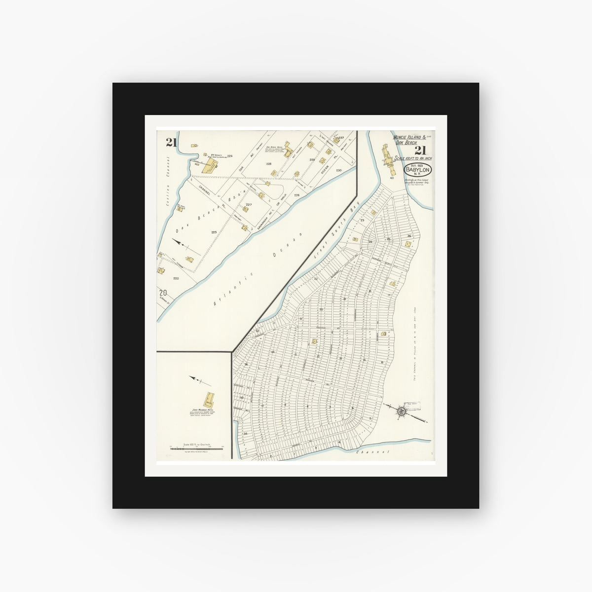 Old map wall art mockup — black gallery frame with white mat — Sanborn Fire Insurance Map from Babylon, Suffolk County, New York (1923), Sheet #0021