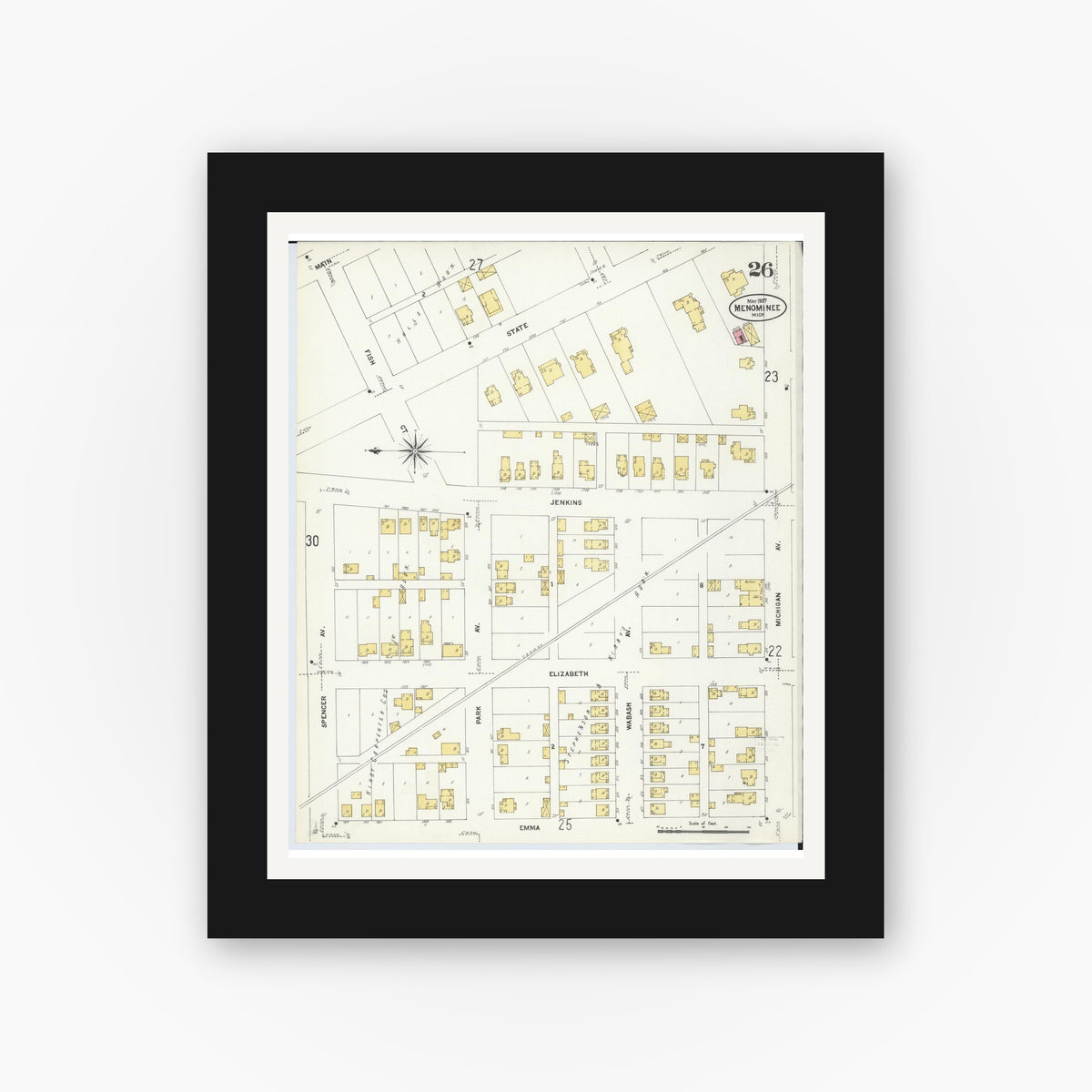 Old map wall art mockup — black gallery frame with white mat — Sanborn Fire Insurance Map from Menominee, Menominee County, Michigan (1907), Sheet #0026