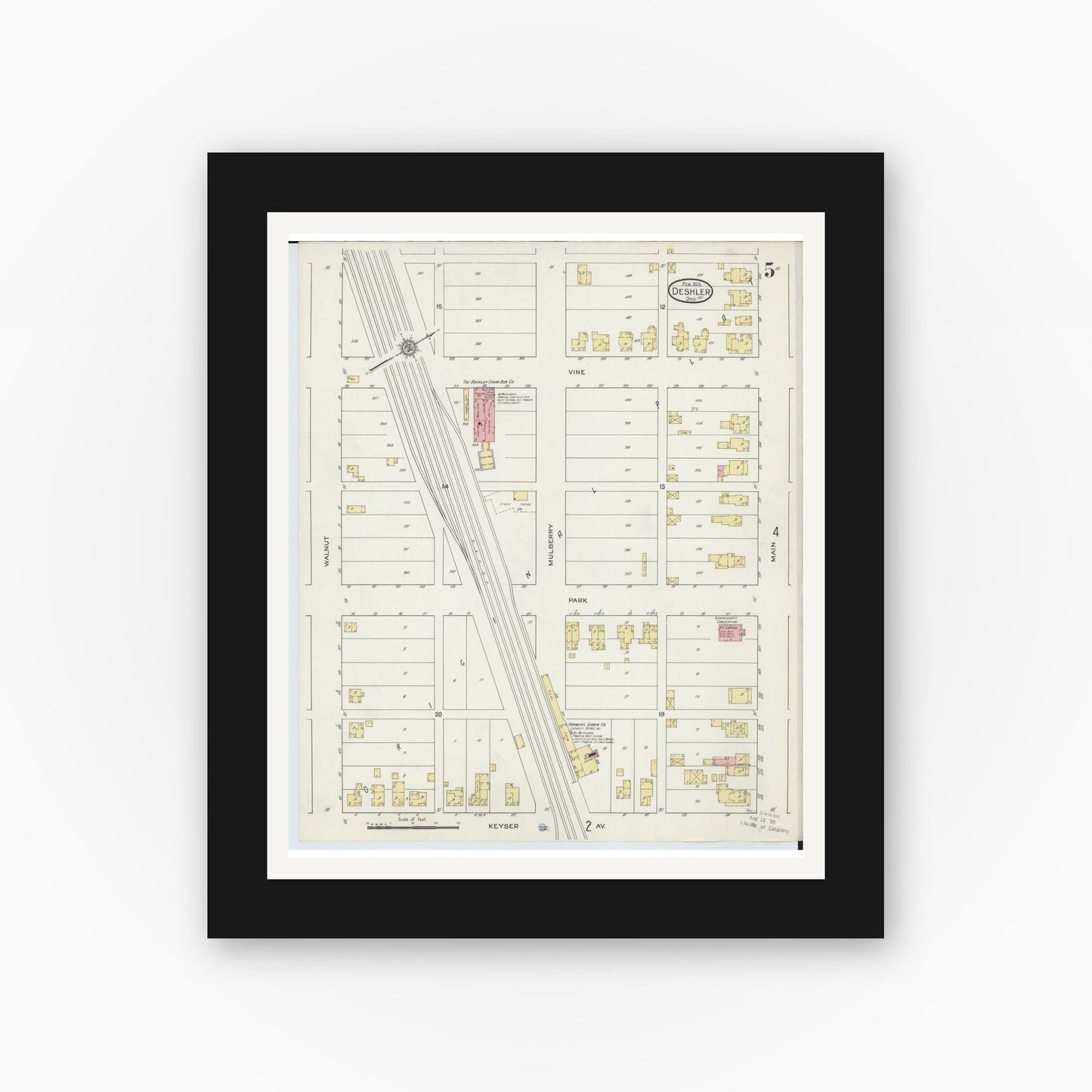 Old map wall art mockup — black gallery frame with white mat — Sanborn Fire Insurance Map from Deshler, Henry County, Ohio (1915), Sheet #0005