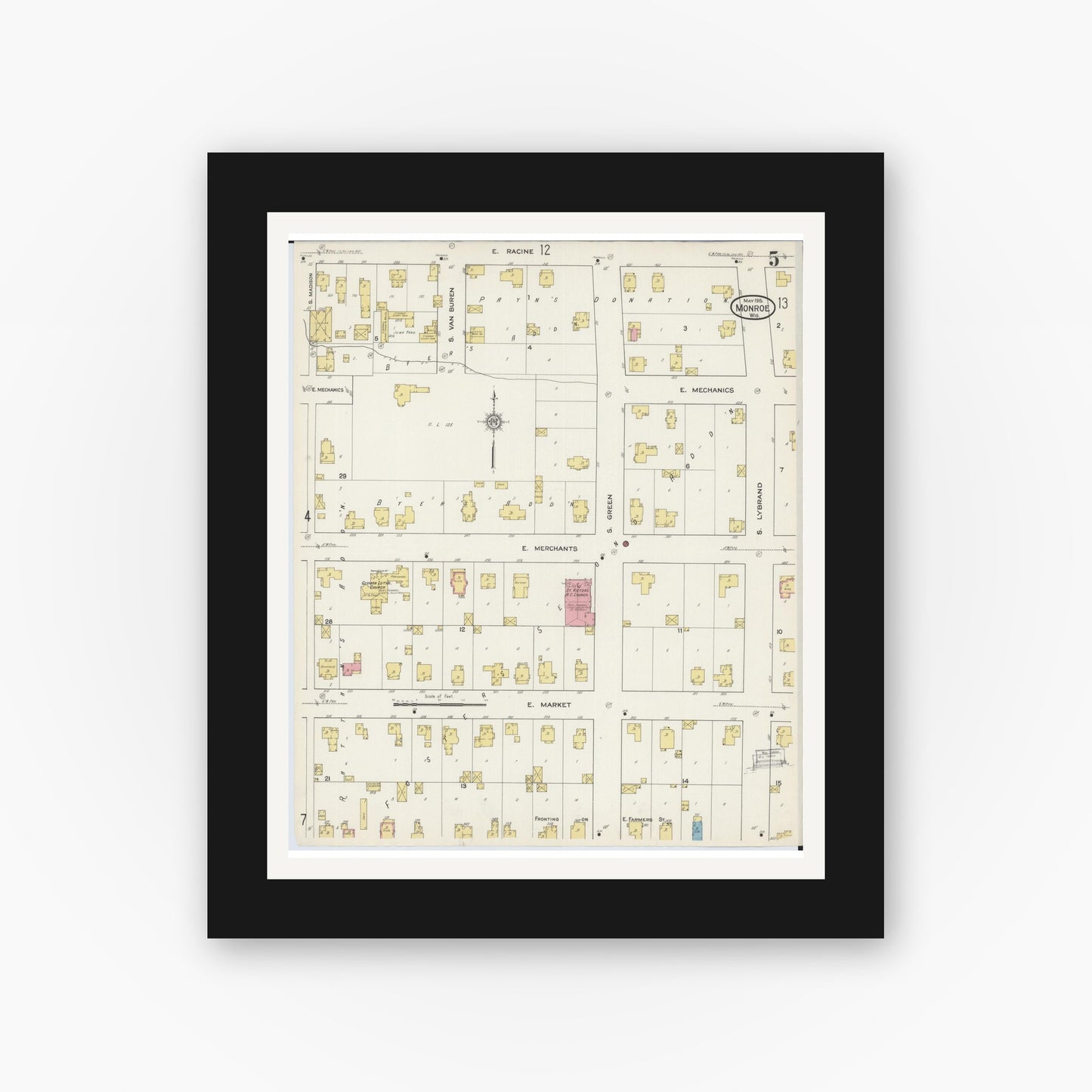 Old map wall art mockup — black gallery frame with white mat — Sanborn Fire Insurance Map from Monroe, Green County, Wisconsin (1915), Sheet #0005