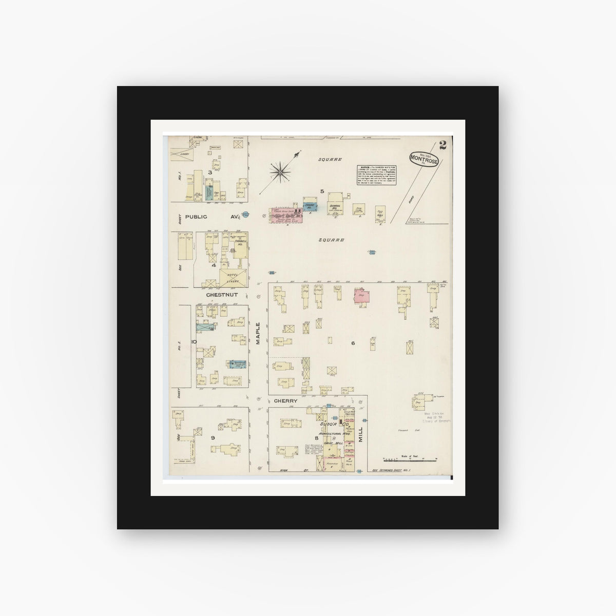 Old map wall art mockup — black gallery frame with white mat — Sanborn Fire Insurance Map from Montrose, Susquehanna County, Pennsylvania (1884), Sheet #0002