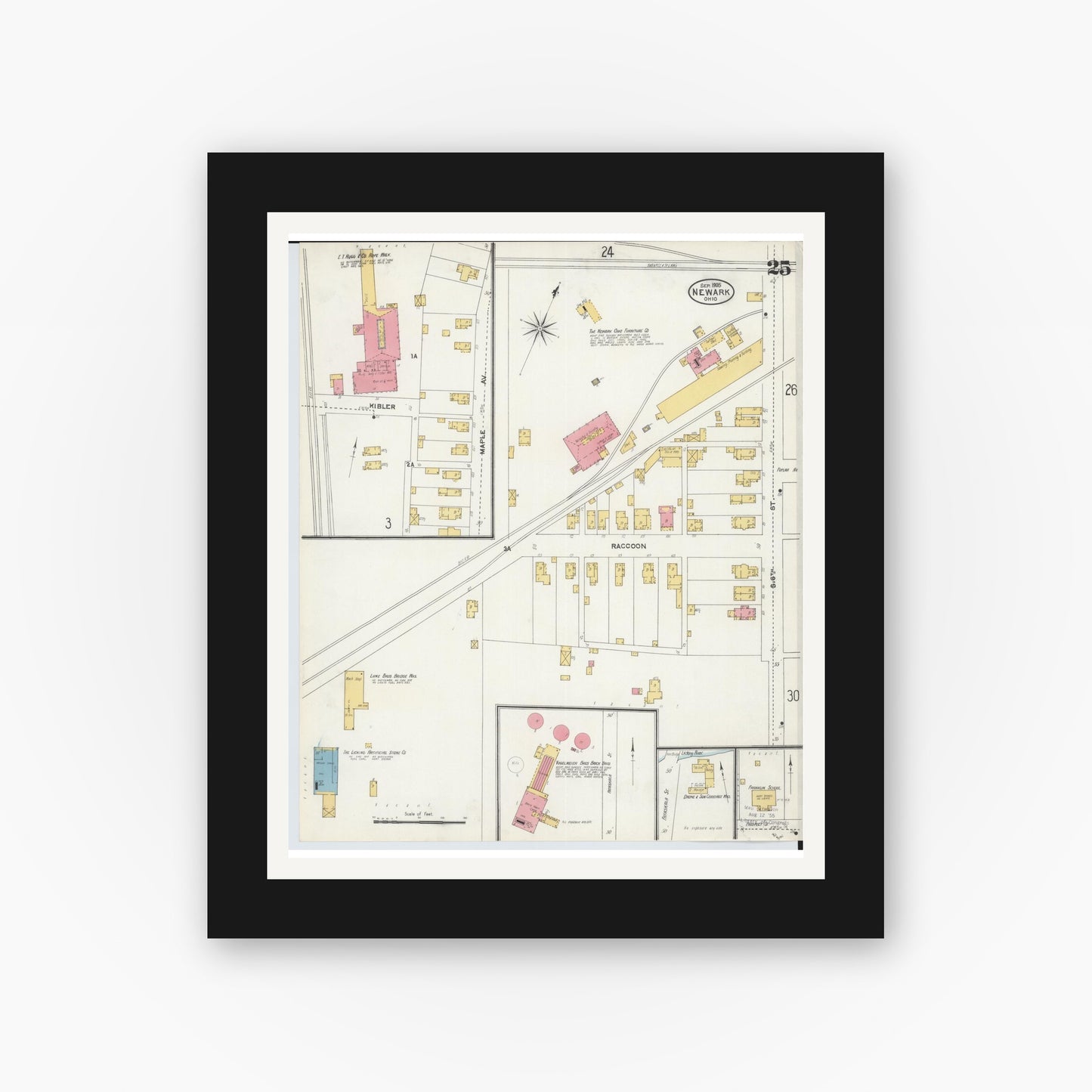 Old map wall art mockup — black gallery frame with white mat — Sanborn Fire Insurance Map from Newark, Licking County, Ohio (1905), Sheet #0025