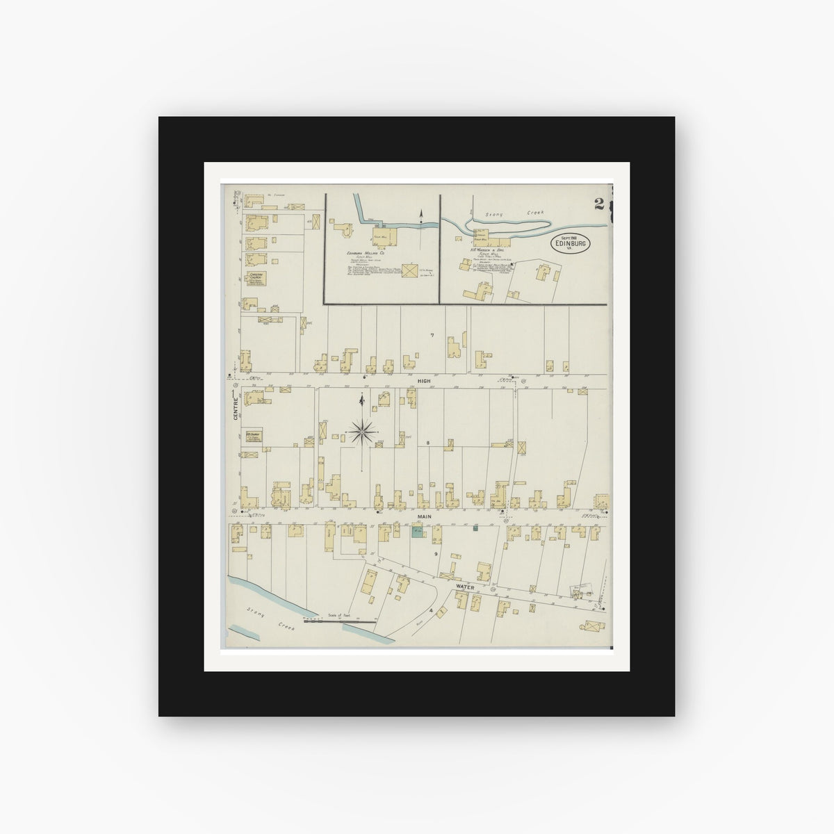 Old map wall art mockup — black gallery frame with white mat — Sanborn Fire Insurance Map from Edinburg, Shenandoah County, Virginia (1908), Sheet #0002