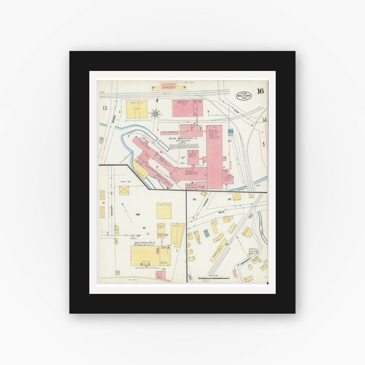 Old map wall art mockup — black gallery frame with white mat — Sanborn Fire Insurance Map from Waltham, Middlesex County, Massachusetts (1903), Sheet #0016