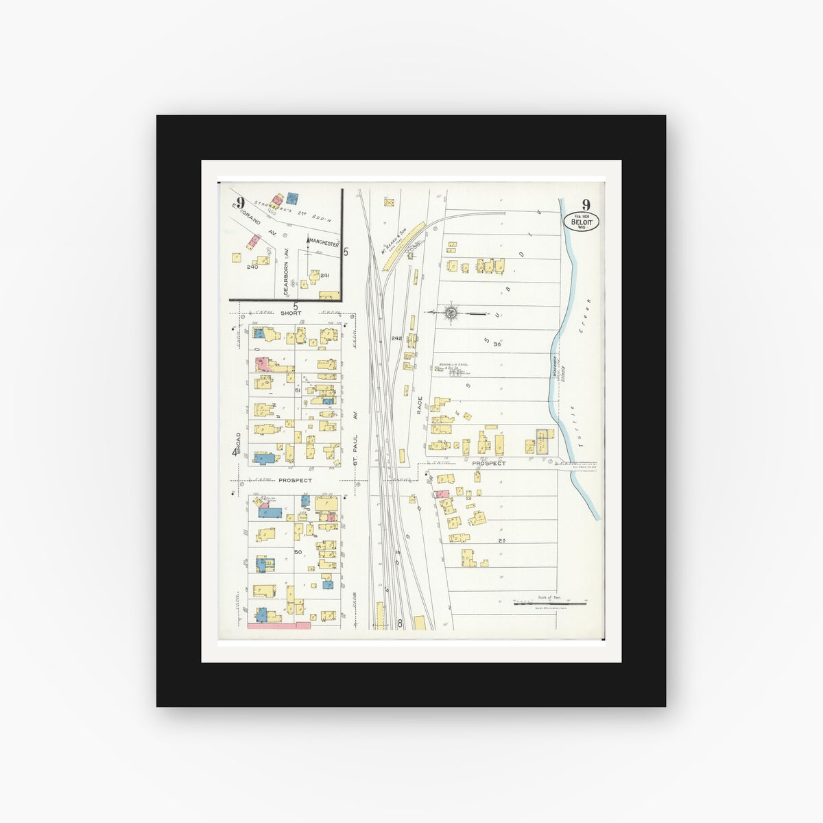 Old map wall art mockup — black gallery frame with white mat — Sanborn Fire Insurance Map from Beloit, Rock County, Wisconsin (1926), Sheet #0009