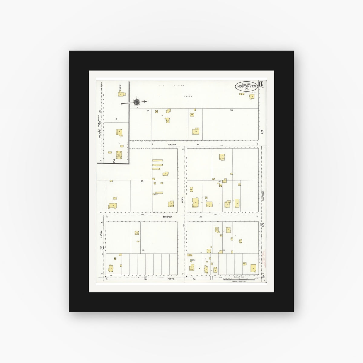 Old map wall art mockup — black gallery frame with white mat — Sanborn Fire Insurance Map from Mountain View, Santa Clara County, California (1921), Sheet #0008