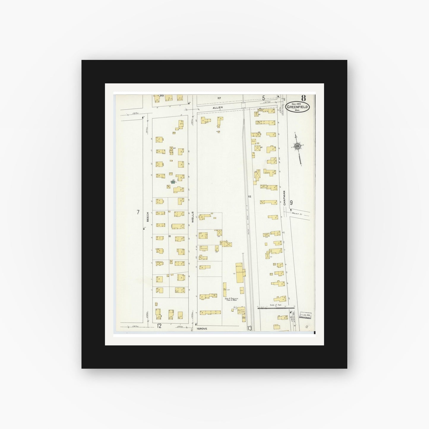 Old map wall art mockup — black gallery frame with white mat — Sanborn Fire Insurance Map from Greenfield, Franklin County, Massachusetts (1909), Sheet #0008