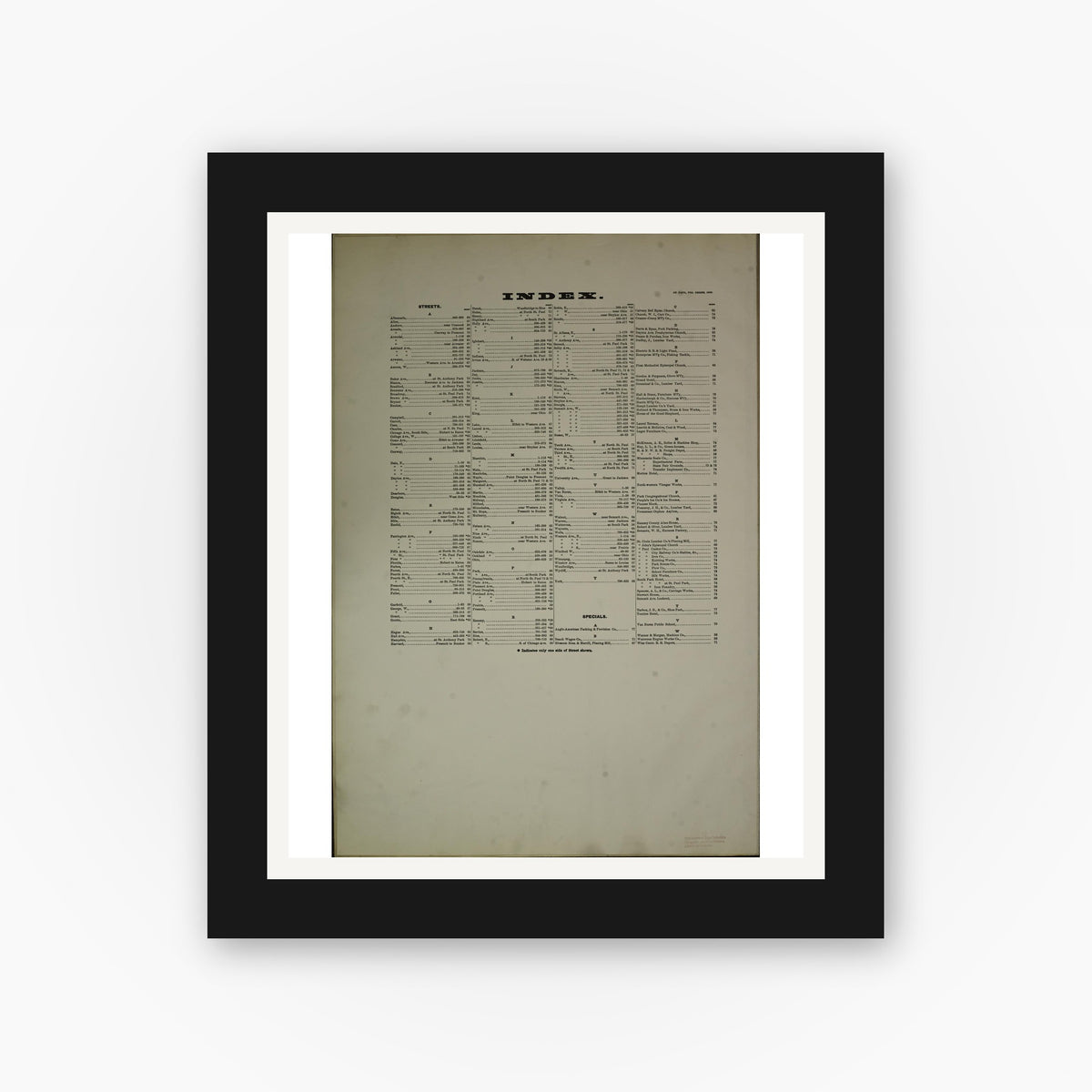Old map wall art mockup — black gallery frame with white mat — Sanborn Fire Insurance Map from Saint Paul, Ramsey County, Minnesota (1888), Sheet #0001