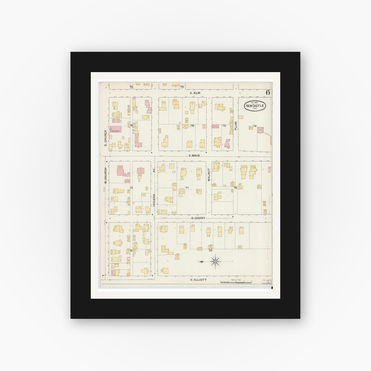 Old map wall art mockup — black gallery frame with white mat — Sanborn Fire Insurance Map from New Castle, Henry County, Indiana (1892), Sheet #0006
