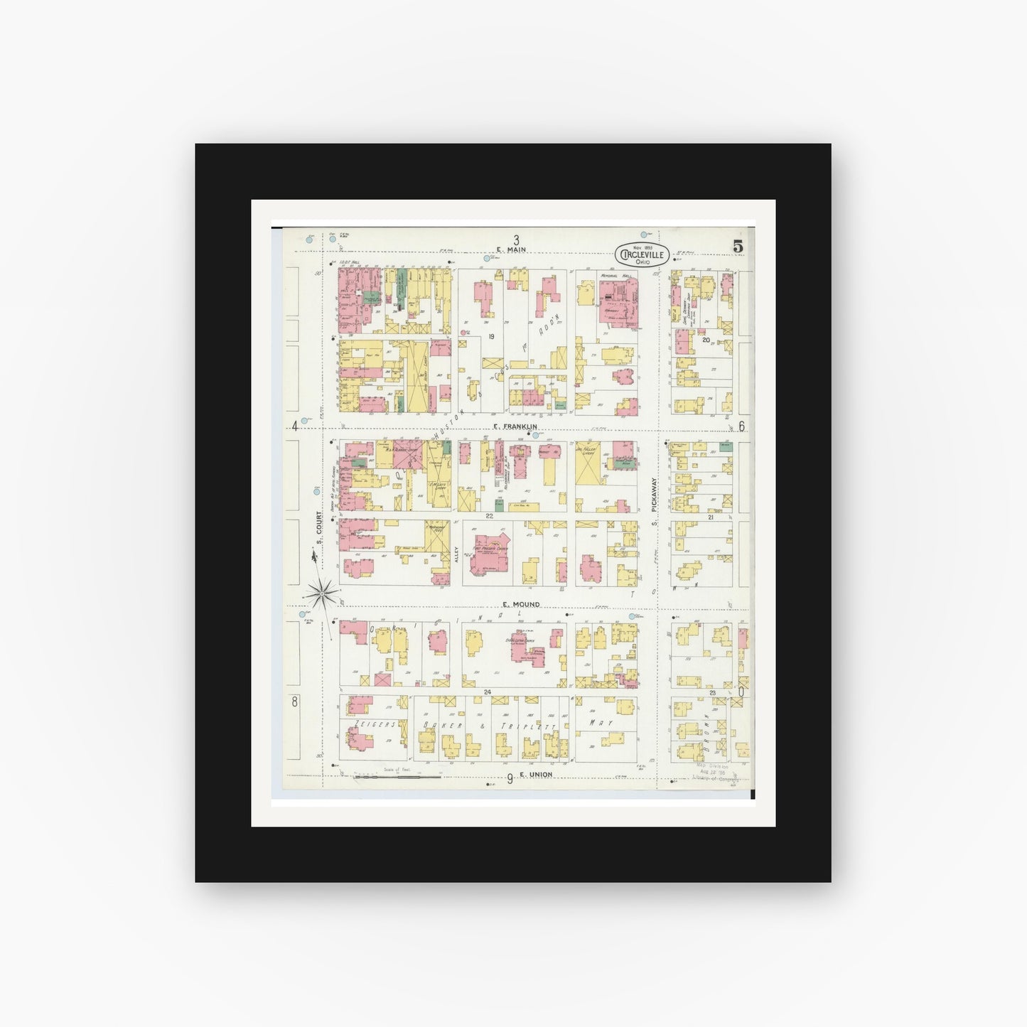 Old map wall art mockup — black gallery frame with white mat — Sanborn Fire Insurance Map from Circleville, Pickaway County, Ohio (1899), Sheet #0005