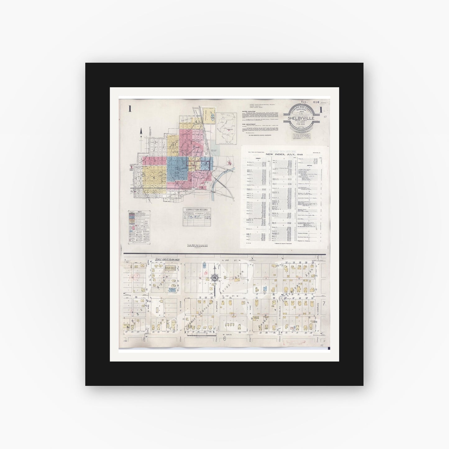 Old map wall art mockup — black gallery frame with white mat — Sanborn Fire Insurance Map from Shelbyville, Shelby County, Illinois (1941) - Complete Map Set