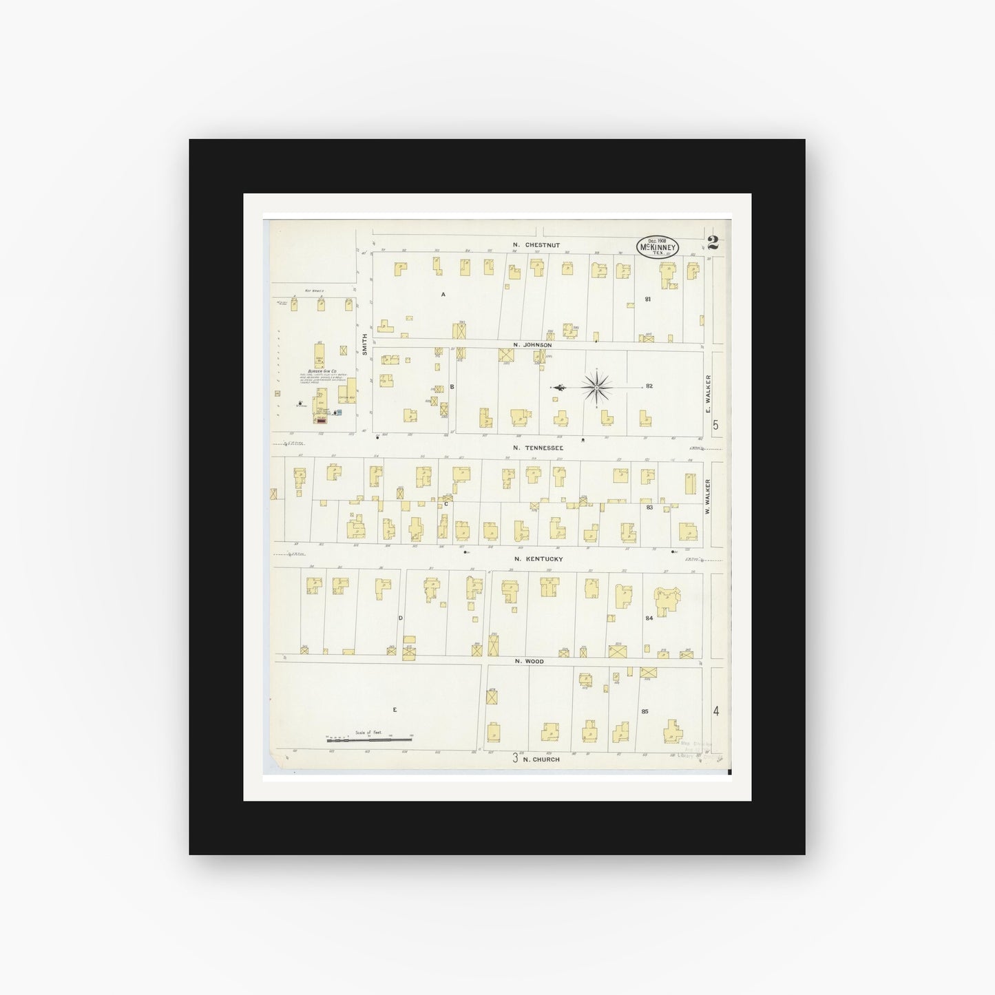 Old map wall art mockup — black gallery frame with white mat — Sanborn Fire Insurance Map from McKinney, Collin County, Texas (1908), Sheet #0002