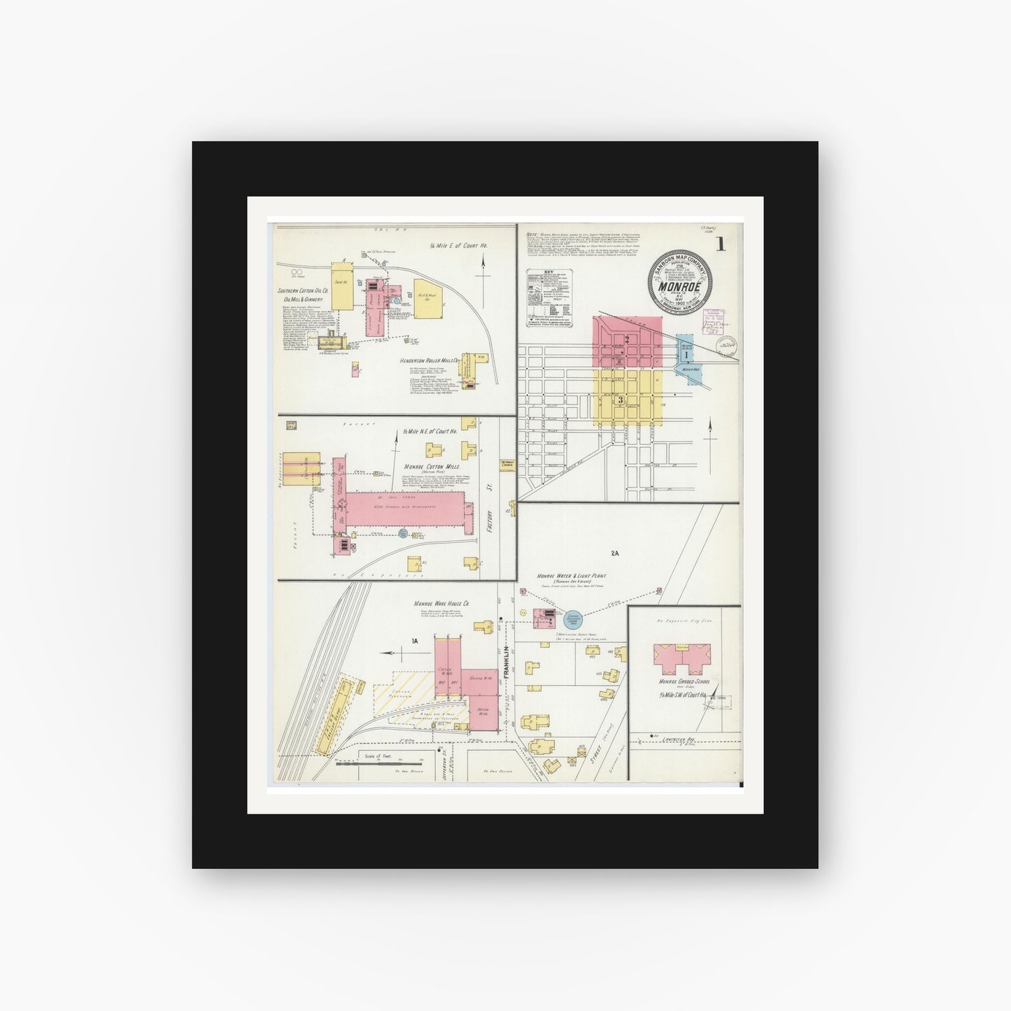Old map wall art mockup — black gallery frame with white mat — Sanborn Fire Insurance Map from Monroe, Union County, North Carolina (1902) - Complete Map Set