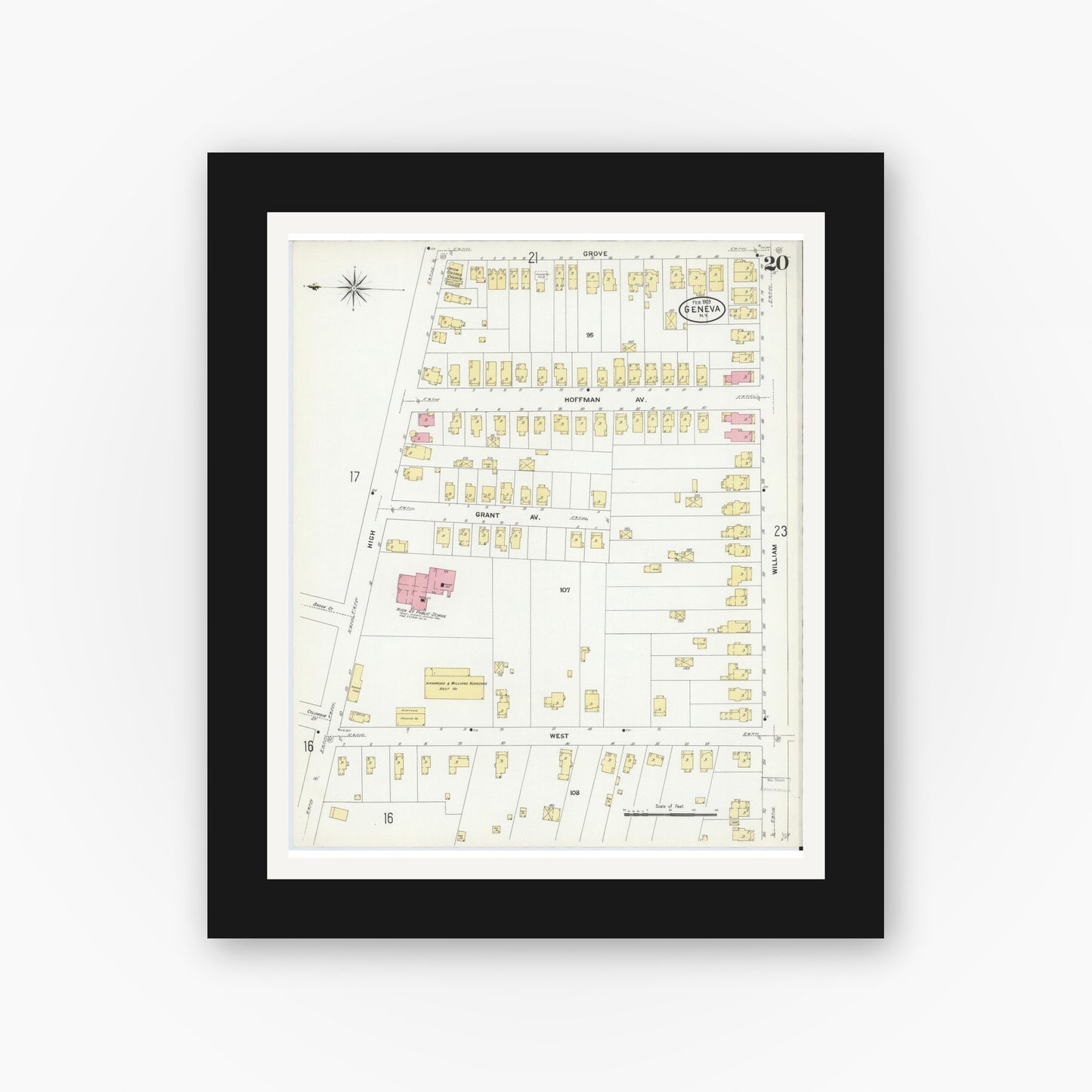 Old map wall art mockup — black gallery frame with white mat — Sanborn Fire Insurance Map from Geneva, Ontario County, New York (1909), Sheet #0020