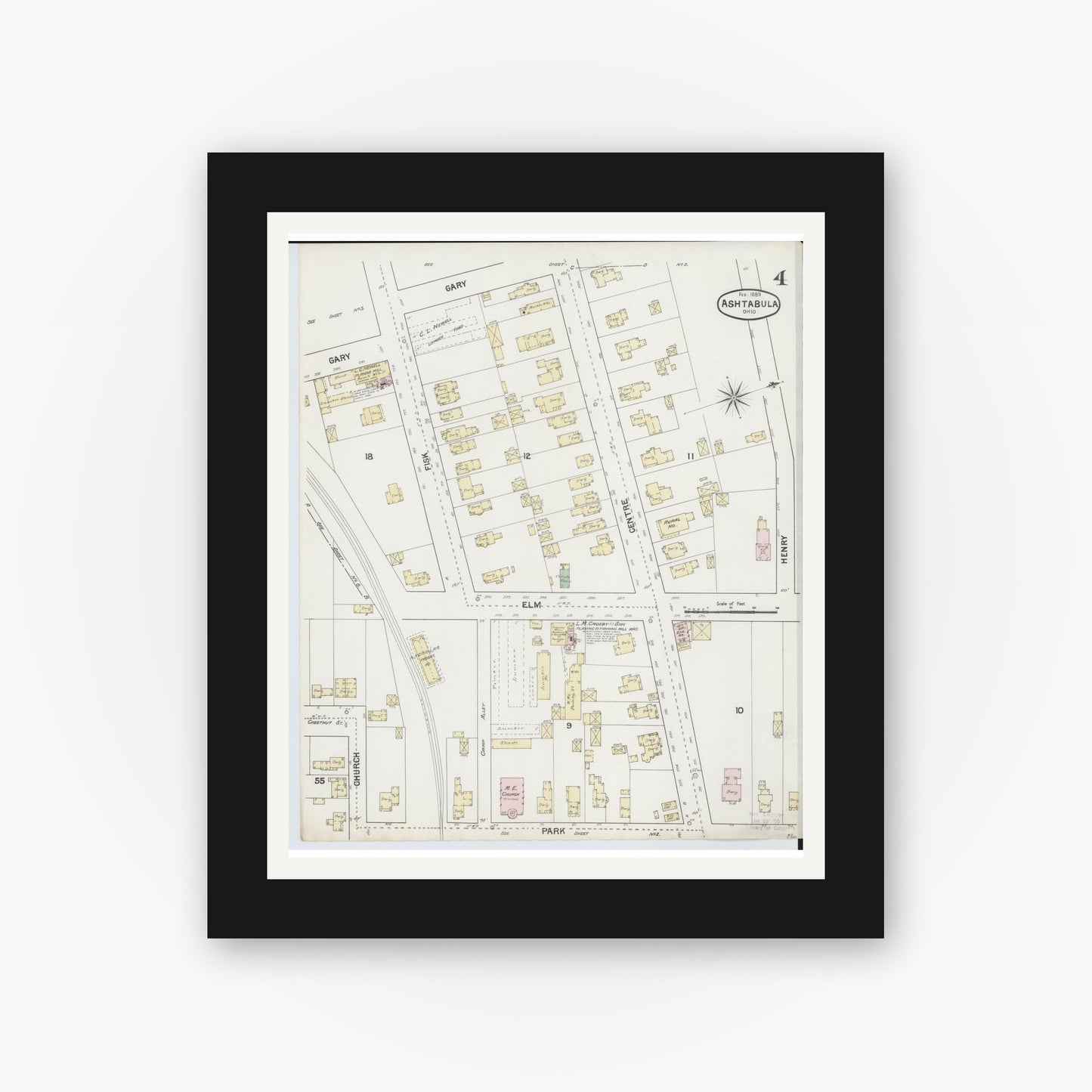 Old map wall art mockup — black gallery frame with white mat — Sanborn Fire Insurance Map from Ashtabula, Ashtabula County, Ohio (1889), Sheet #0004
