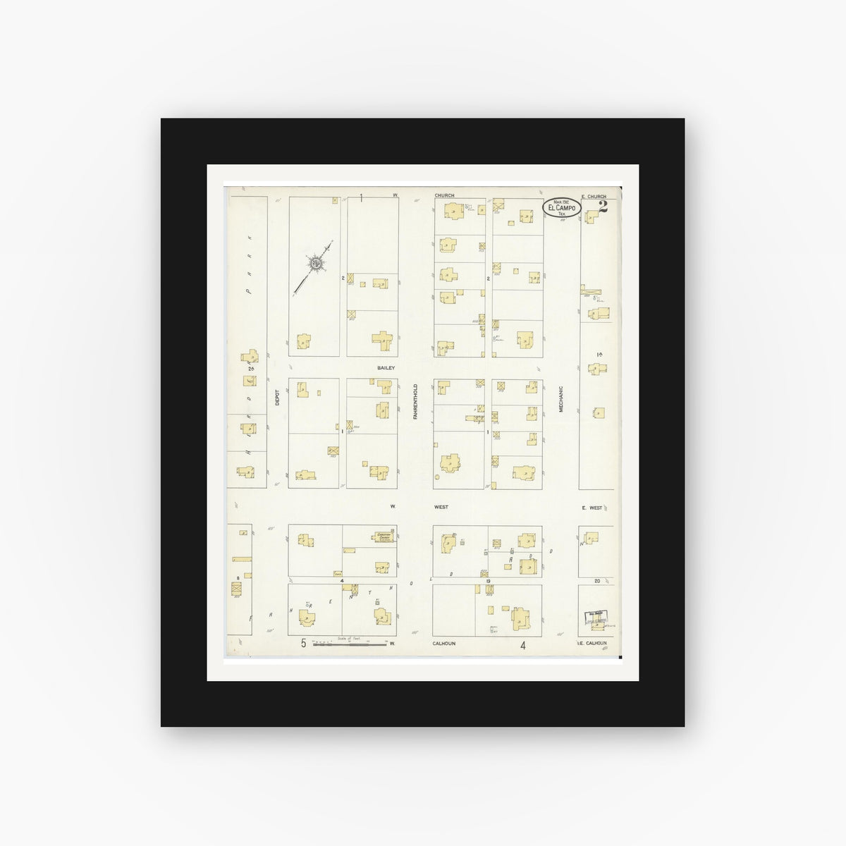 Old map wall art mockup — black gallery frame with white mat — Sanborn Fire Insurance Map from El Campo, Wharton County, Texas (1912), Sheet #0002