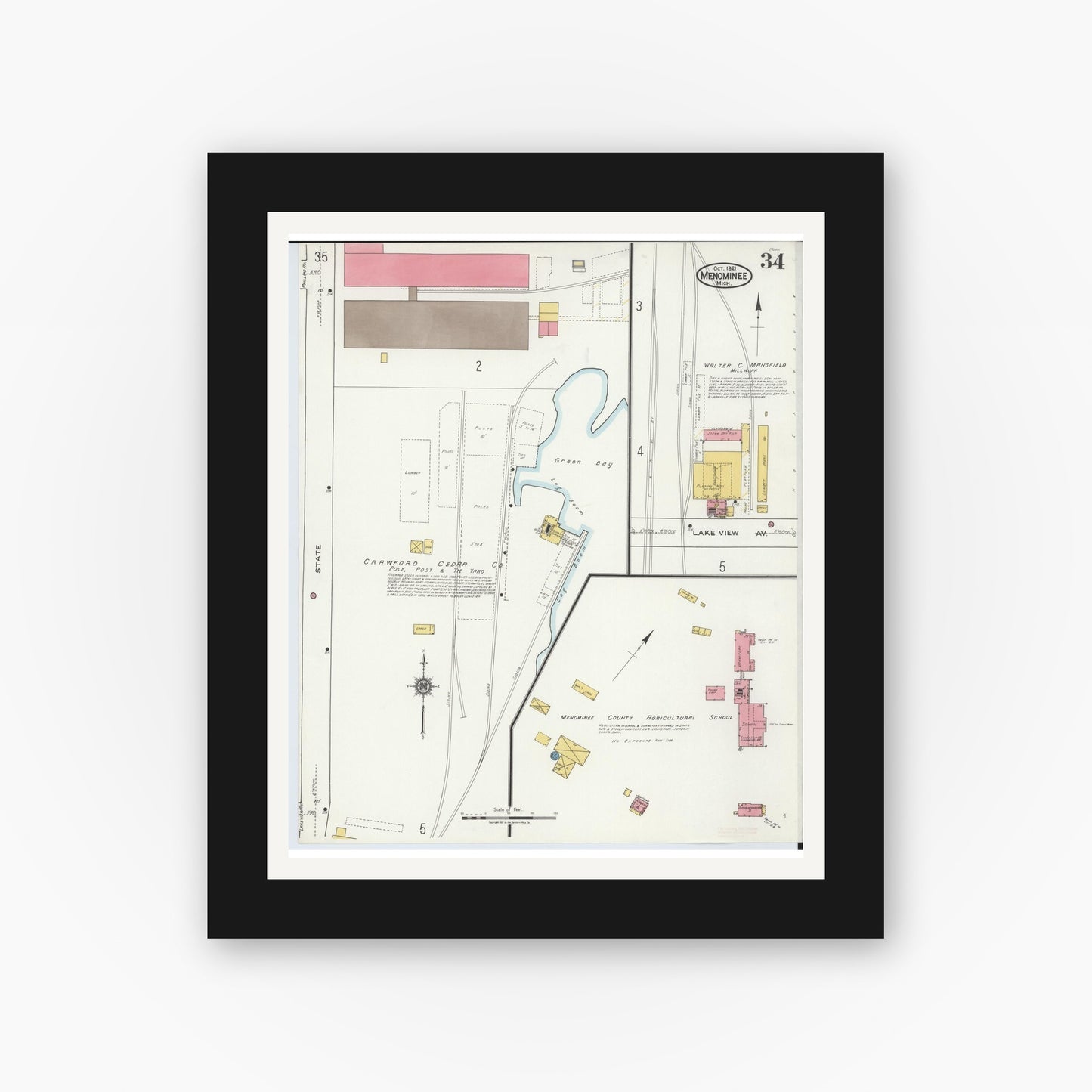 Old map wall art mockup — black gallery frame with white mat — Sanborn Fire Insurance Map from Menominee, Menominee County, Michigan (1921), Sheet #0034