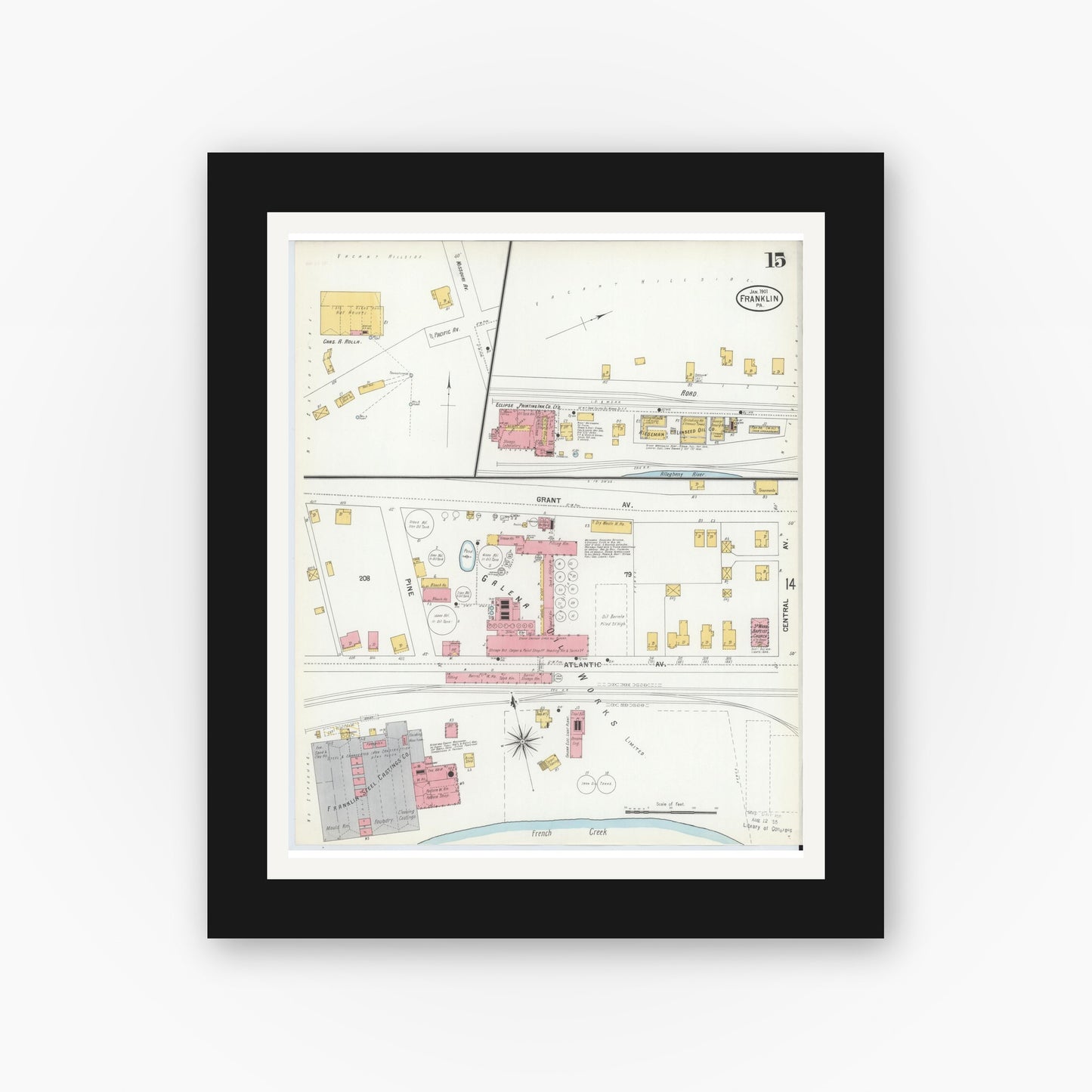 Old map wall art mockup — black gallery frame with white mat — Sanborn Fire Insurance Map from Franklin, Venango County, Pennsylvania (1901), Sheet #0015