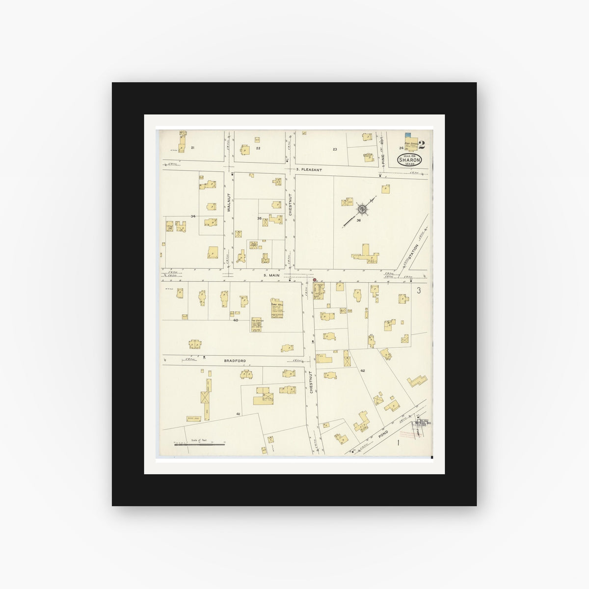 Old map wall art mockup — black gallery frame with white mat — Sanborn Fire Insurance Map from Sharon, Norfolk County, Massachusetts (1916), Sheet #0002