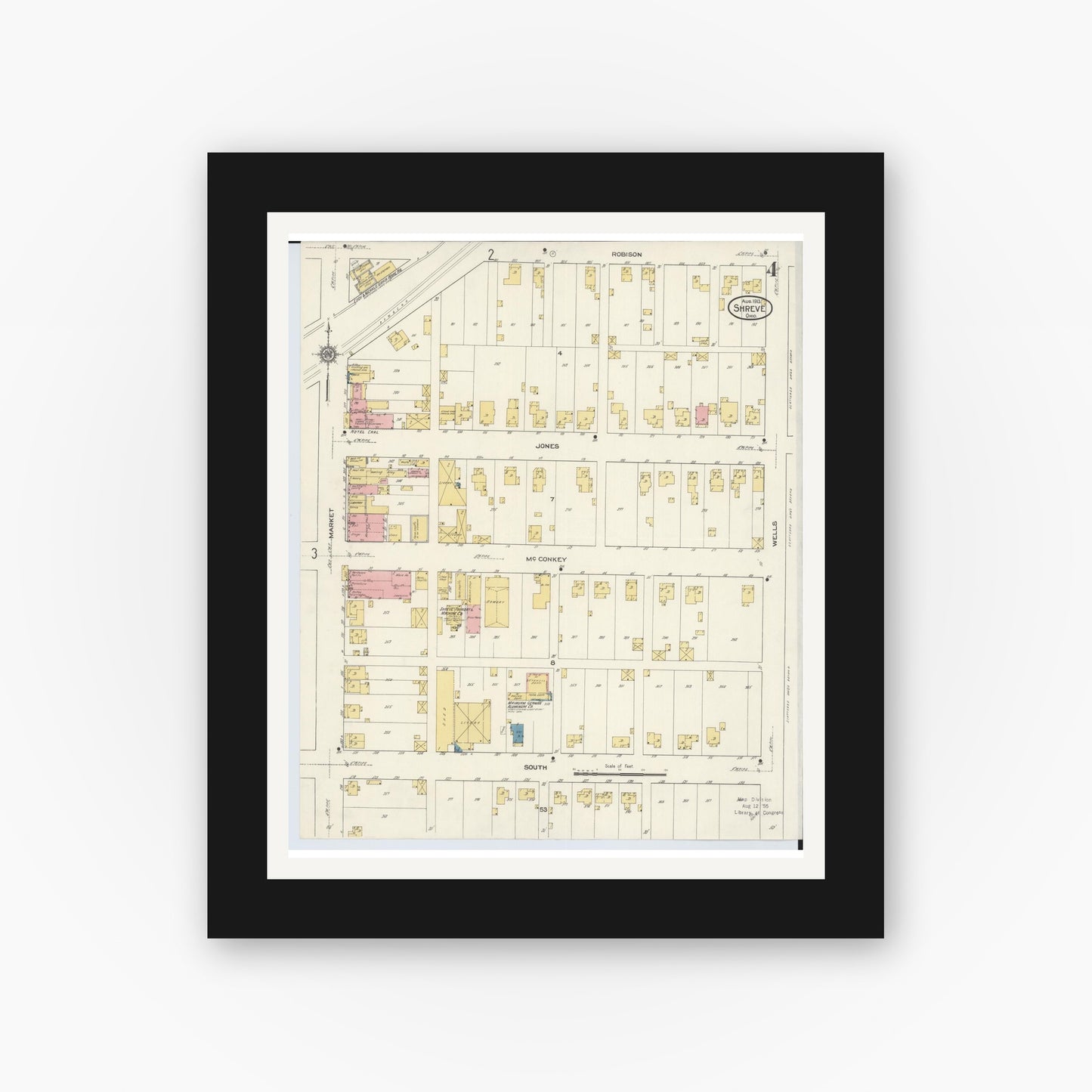 Old map wall art mockup — black gallery frame with white mat — Sanborn Fire Insurance Map from Shreve, Wayne County, Ohio (1913), Sheet #0004