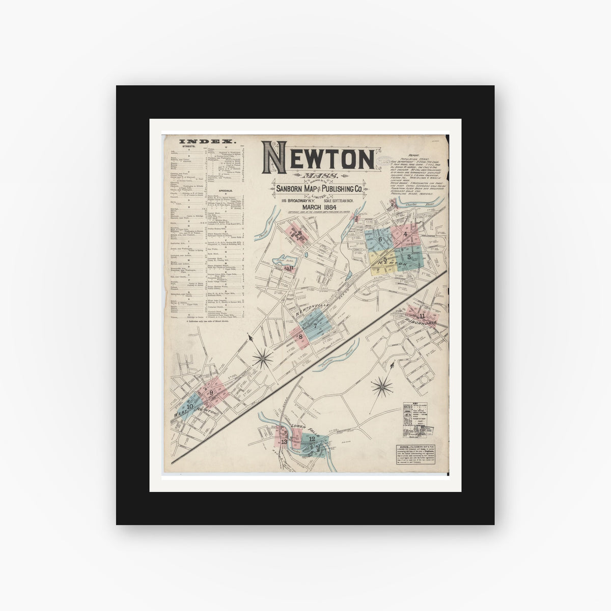 Old map wall art mockup — black gallery frame with white mat — Sanborn Fire Insurance Map from Newton, Middlesex County, Massachusetts (1884) - Complete Map Set